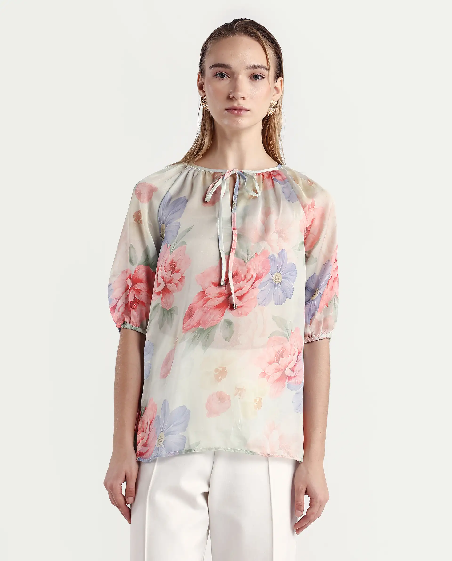 Rareism Women's Tella Light Green Cotton Tie-Up Neck Floral Print Raglan Sleeve Relaxed Fit Top - Image 3