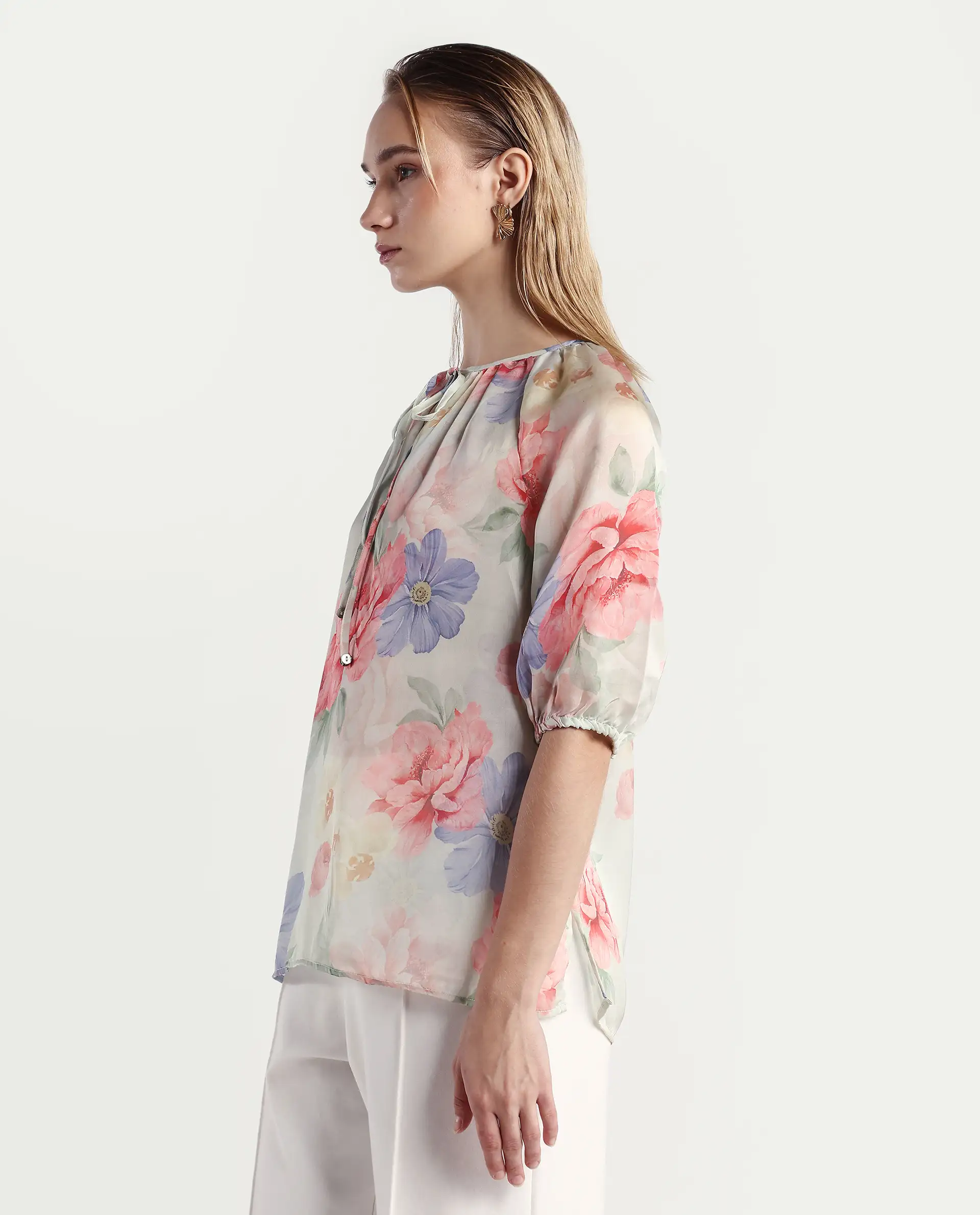 Rareism Women's Tella Light Green Cotton Tie-Up Neck Floral Print Raglan Sleeve Relaxed Fit Top - Image 5