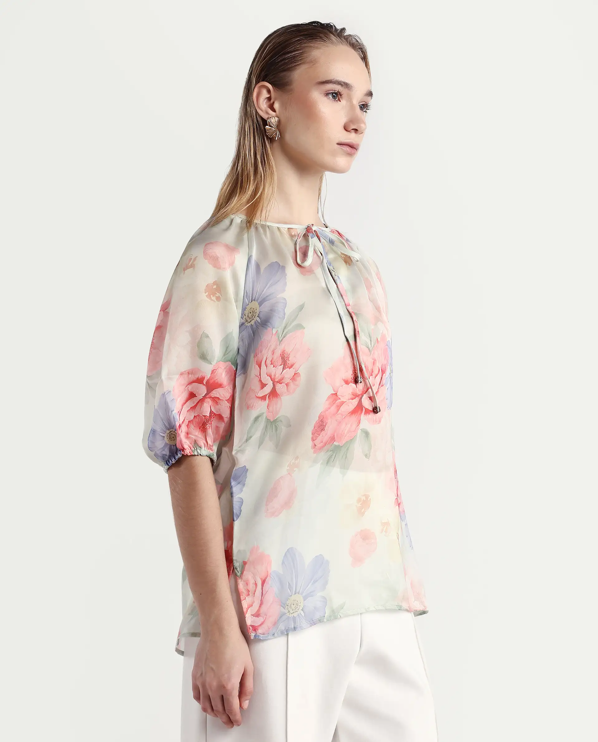 Rareism Women's Tella Light Green Cotton Tie-Up Neck Floral Print Raglan Sleeve Relaxed Fit Top - Image 6