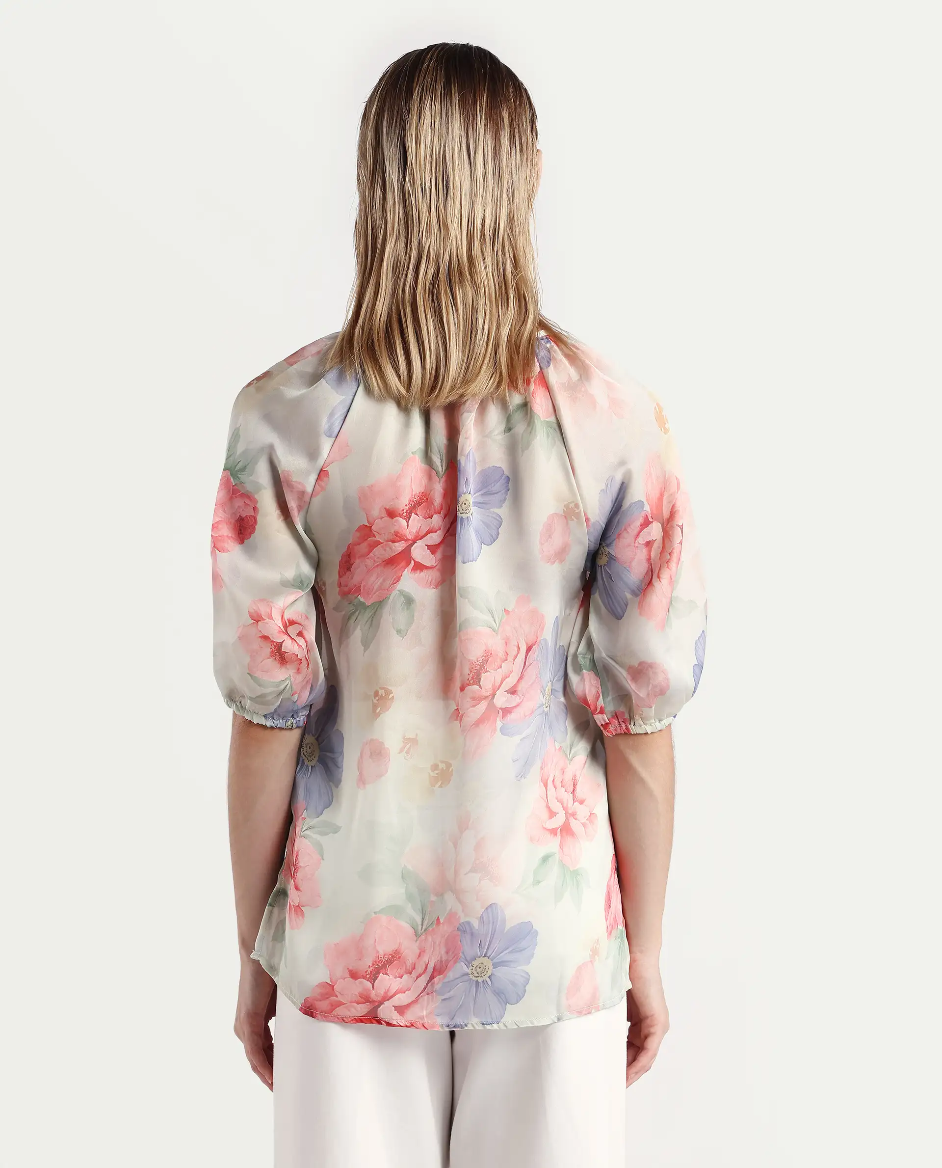 Rareism Women's Tella Light Green Cotton Tie-Up Neck Floral Print Raglan Sleeve Relaxed Fit Top - Image 7