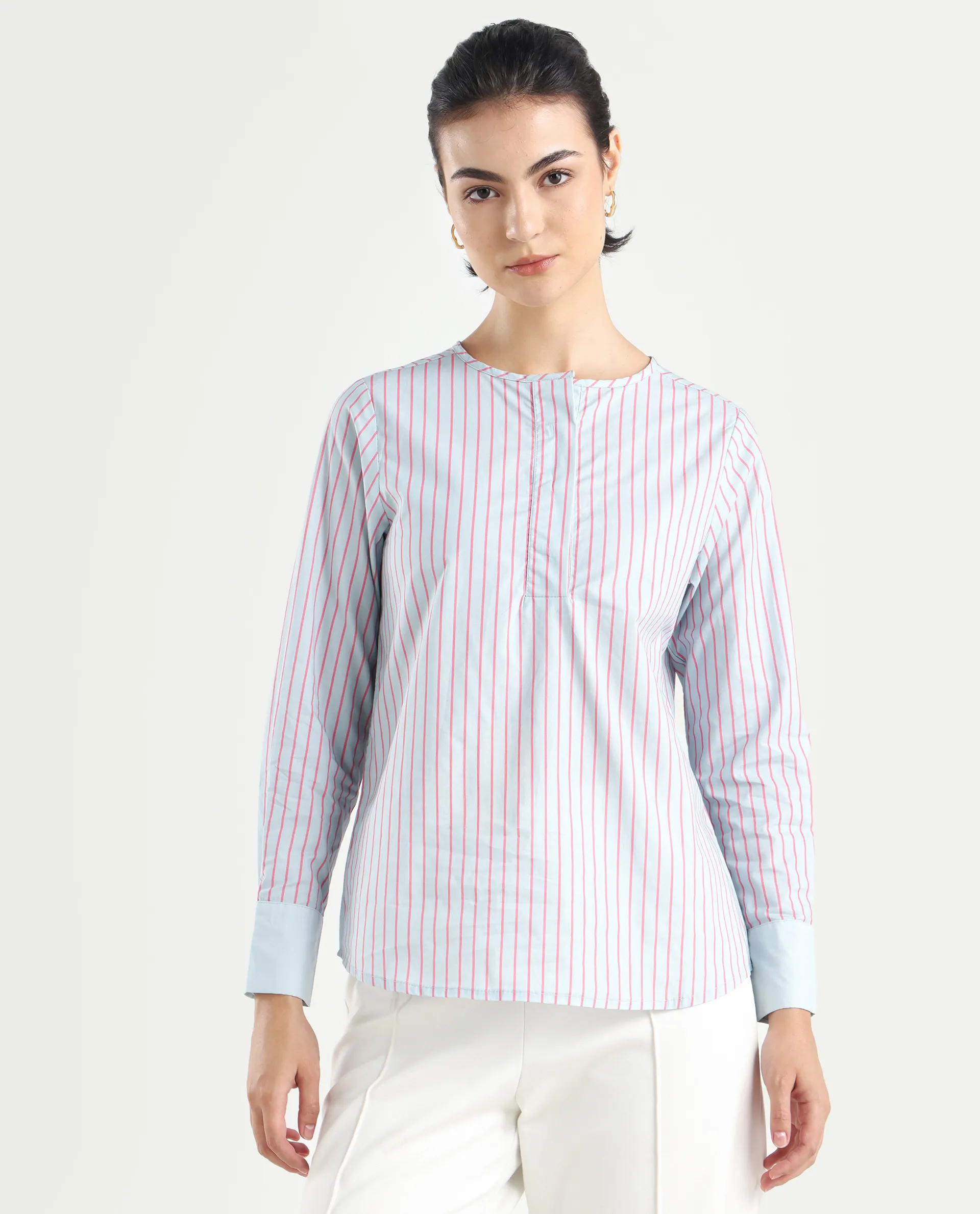Rareism Women's Telma Blue Cotton Crew Neck Striped Cuffed Sleeve Regular Fit Top - Image 3