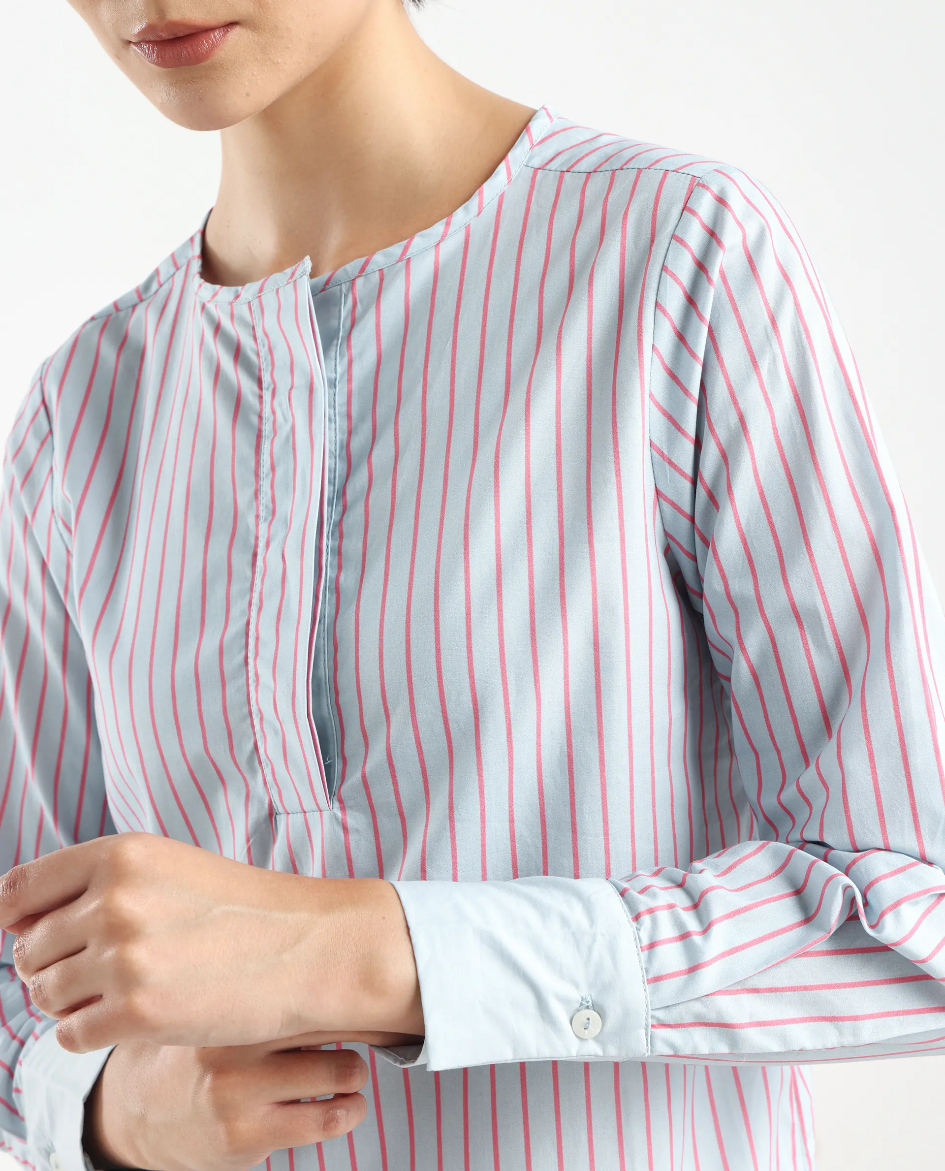 Rareism Women's Telma Blue Cotton Crew Neck Striped Cuffed Sleeve Regular Fit Top - Image 4