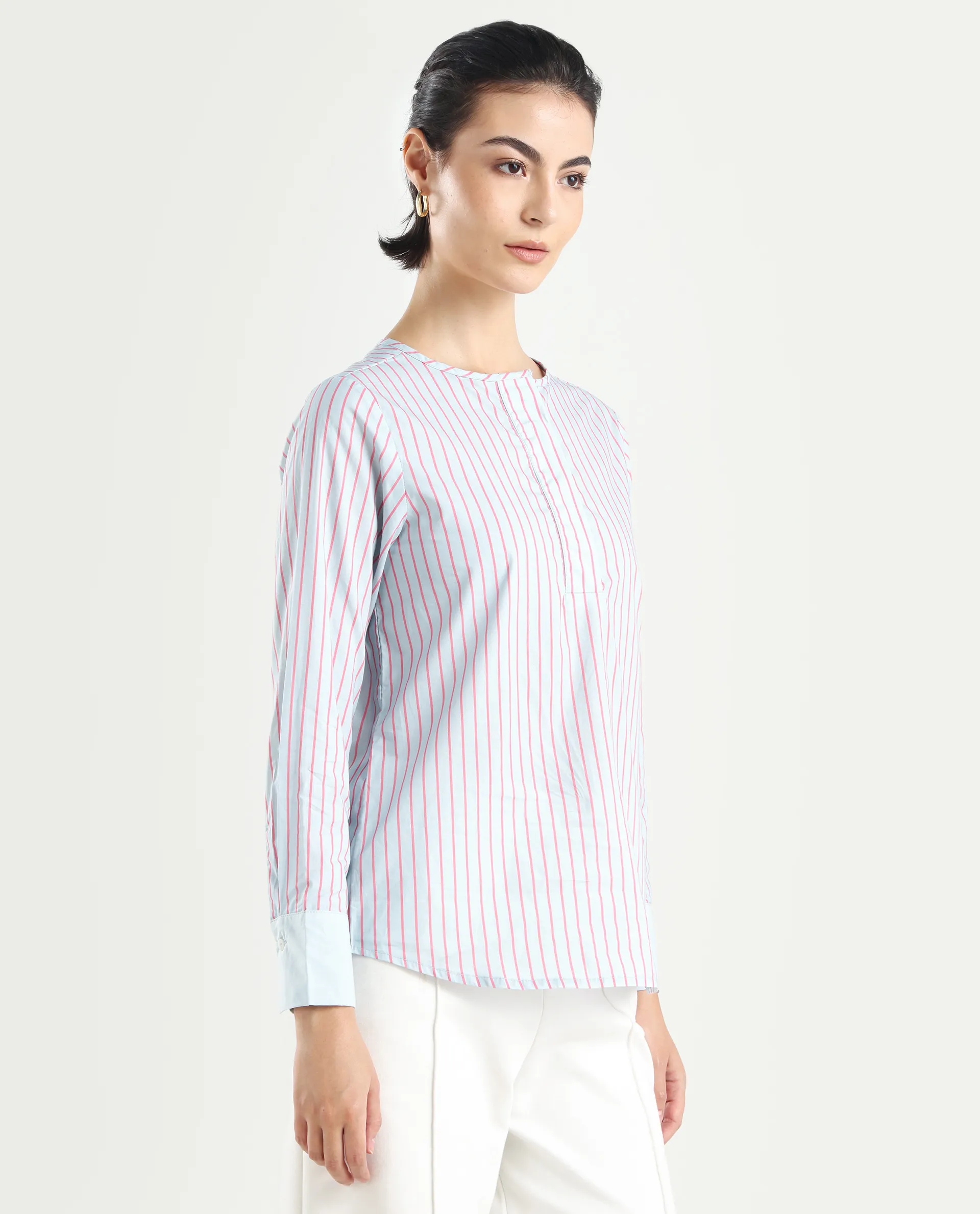 Rareism Women's Telma Blue Cotton Crew Neck Striped Cuffed Sleeve Regular Fit Top - Image 5