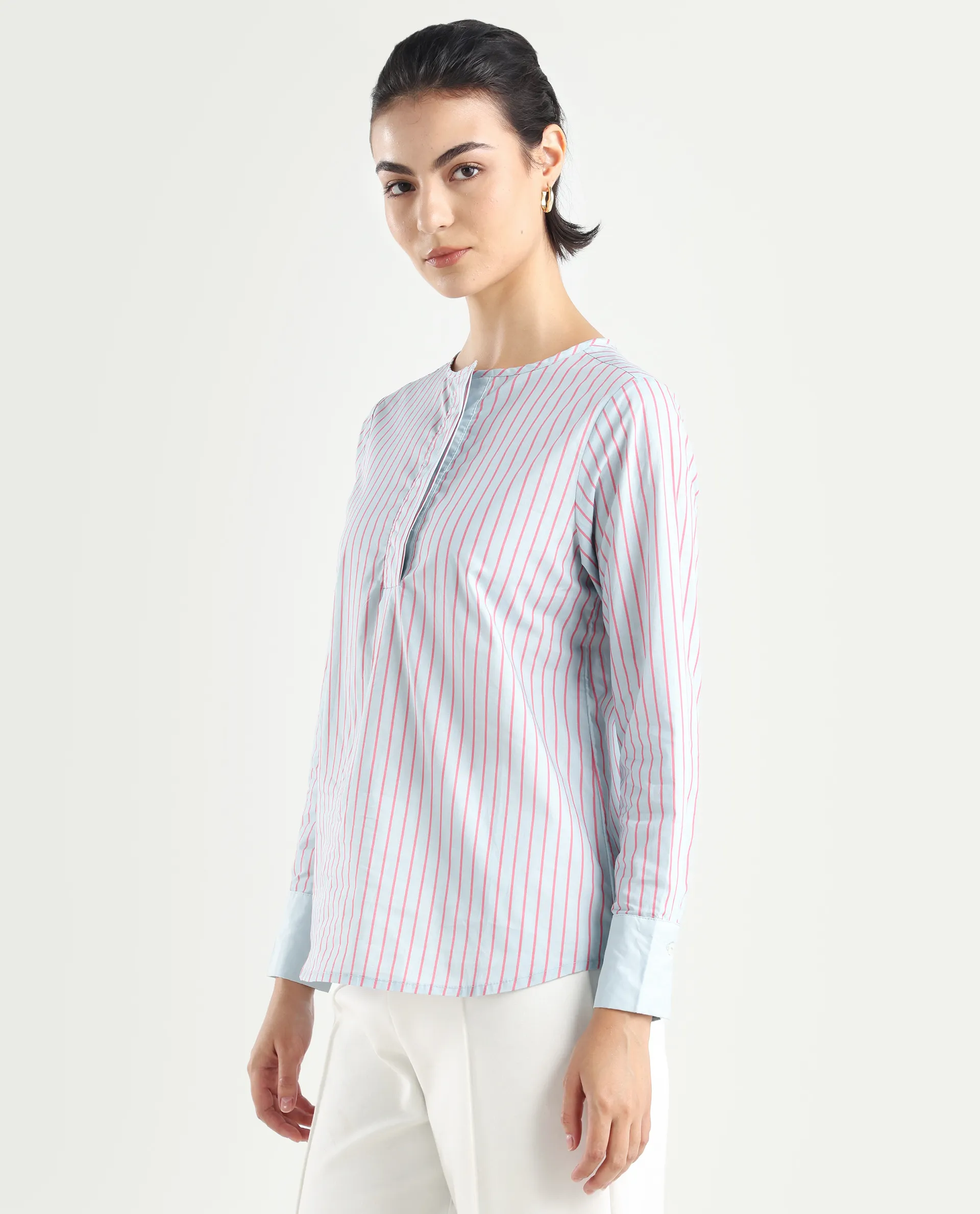 Rareism Women's Telma Blue Cotton Crew Neck Striped Cuffed Sleeve Regular Fit Top - Image 6