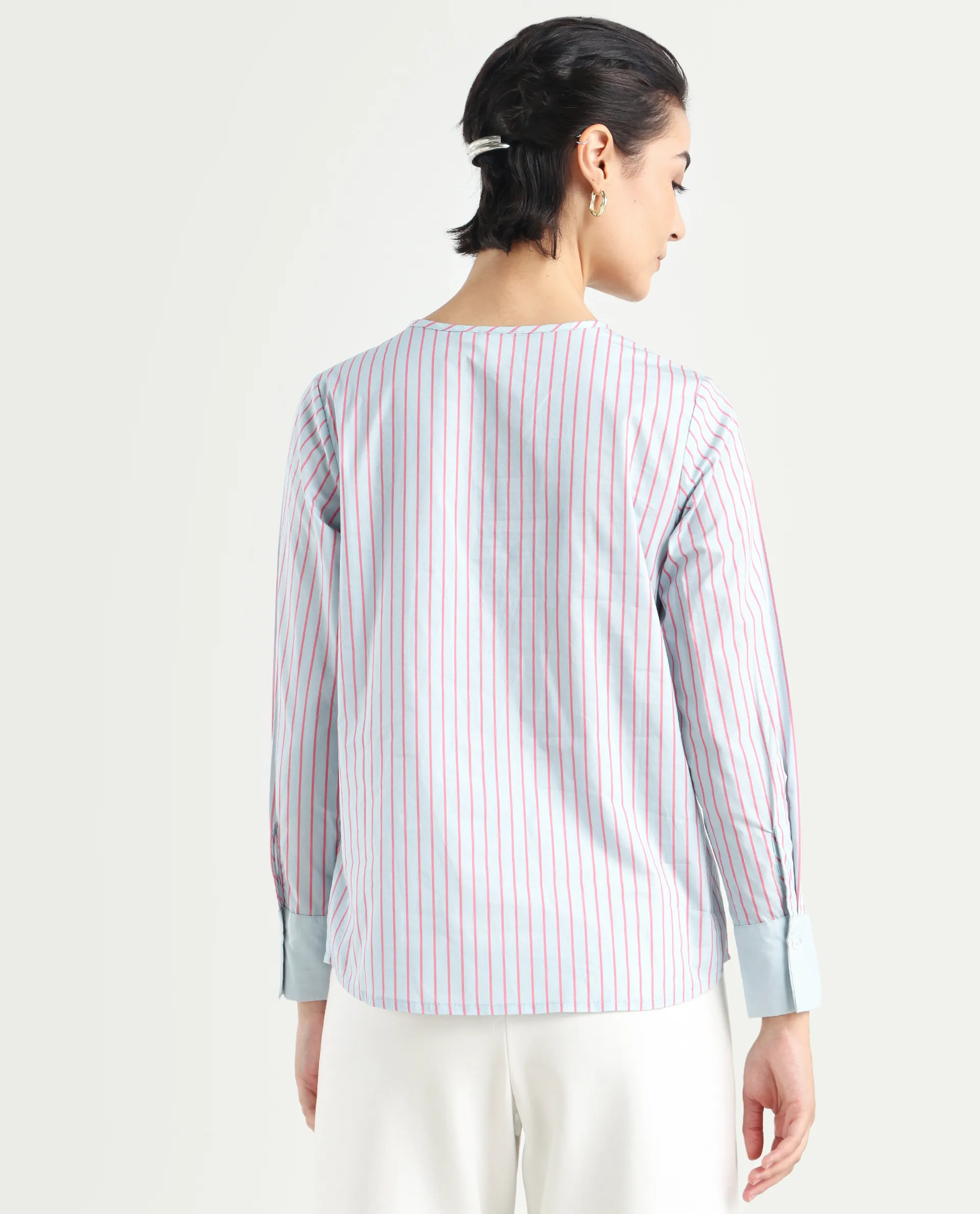 Rareism Women's Telma Blue Cotton Crew Neck Striped Cuffed Sleeve Regular Fit Top - Image 7