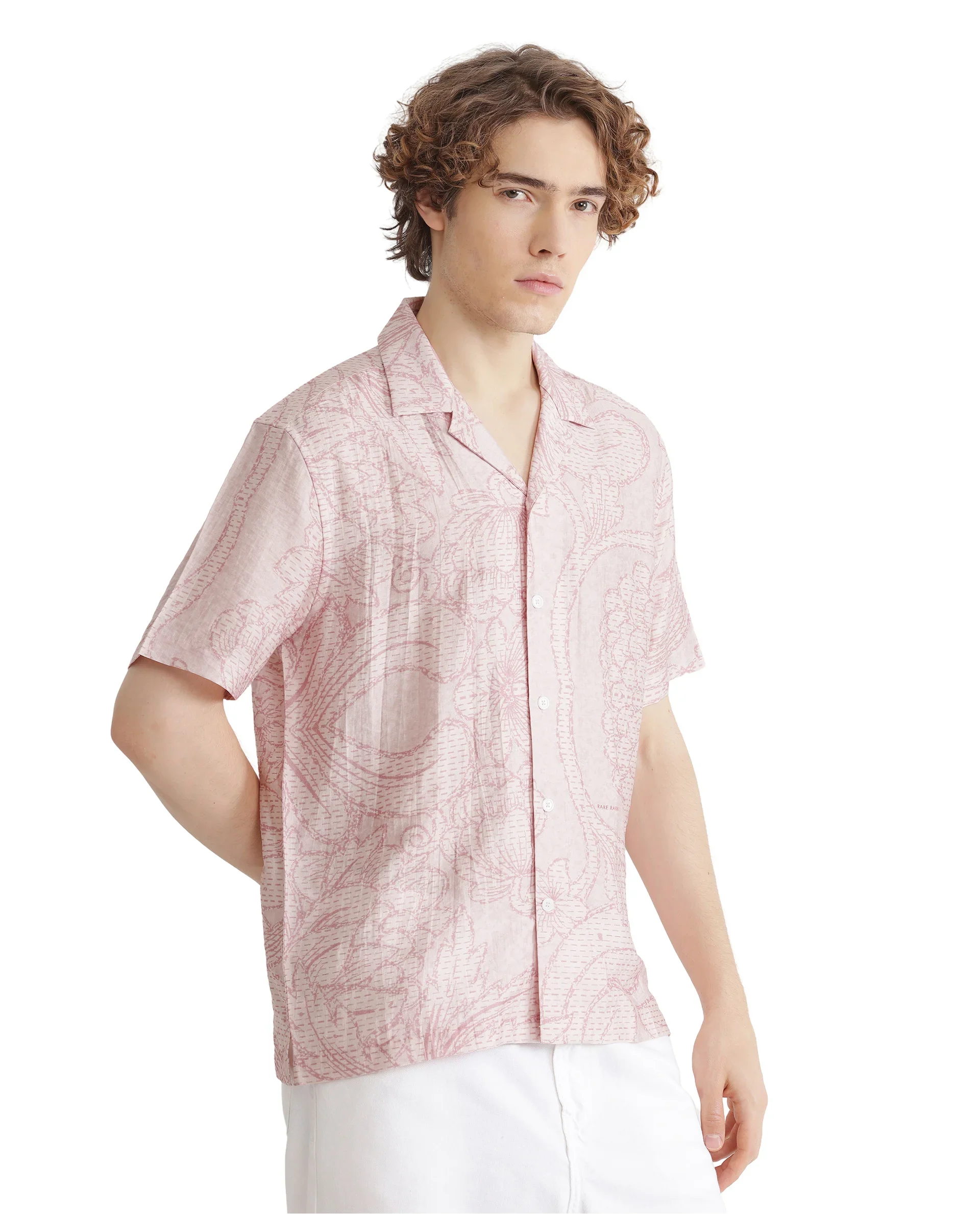 Rare Rabbit Men's Telo Pink Viscose Blend Floral Print Boxy Fit Half Sleeve Cuban Collar Shirt - Image 5