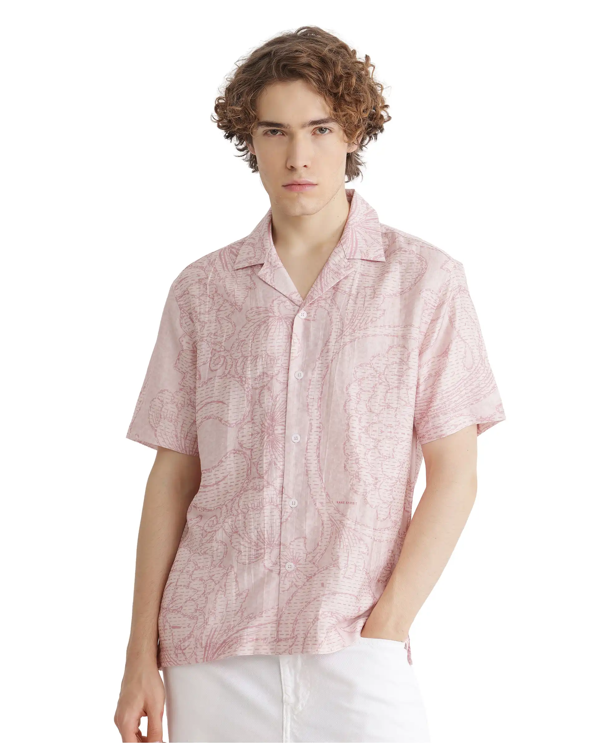 Rare Rabbit Men's Telo Pink Viscose Blend Floral Print Boxy Fit Half Sleeve Cuban Collar Shirt - Image 6