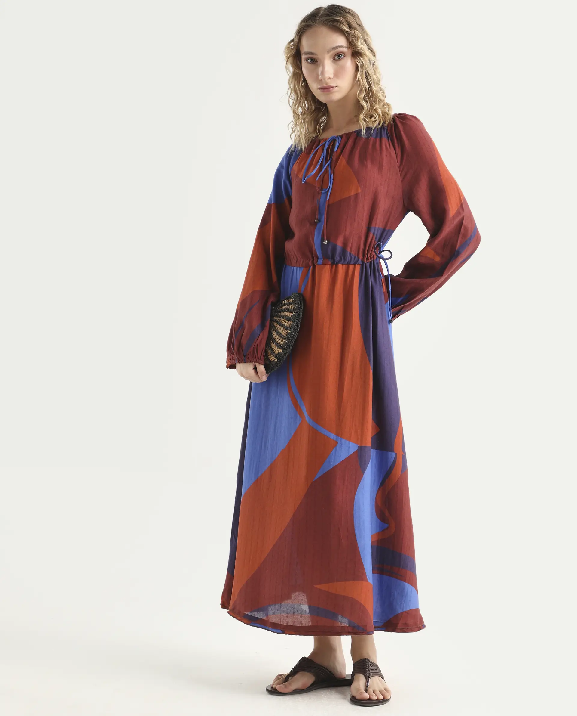 Rareism Women's Telor Brown Polyester Sweetheart Neck Abstract Print Balloon Sleeve Maxi Regular Fit Dress