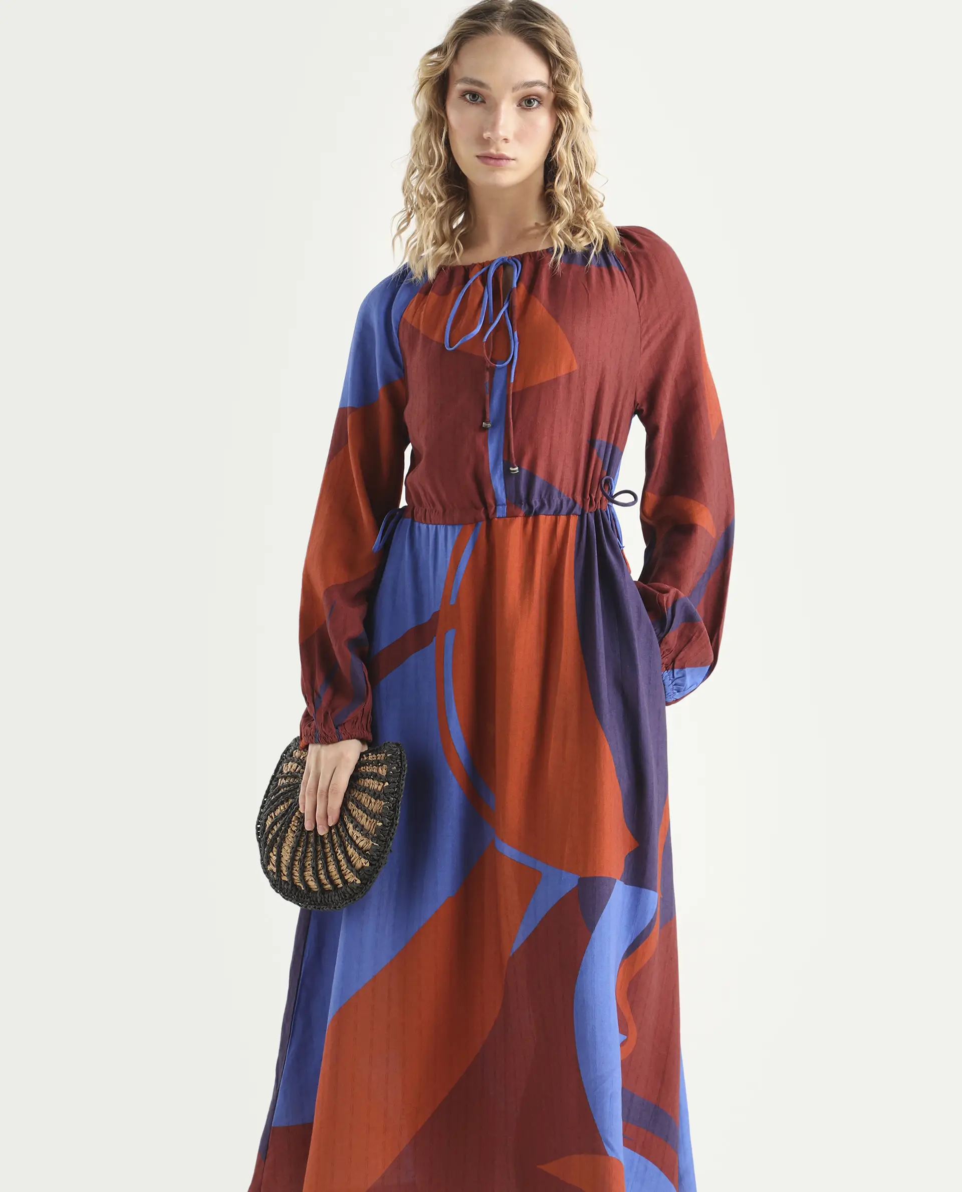 Rareism Women's Telor Brown Polyester Sweetheart Neck Abstract Print Balloon Sleeve Maxi Regular Fit Dress - Image 2