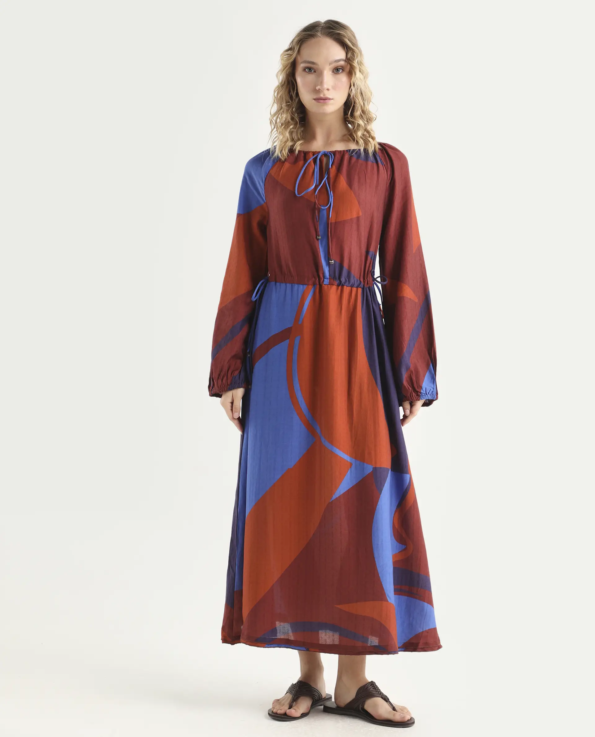 Rareism Women's Telor Brown Polyester Sweetheart Neck Abstract Print Balloon Sleeve Maxi Regular Fit Dress - Image 3