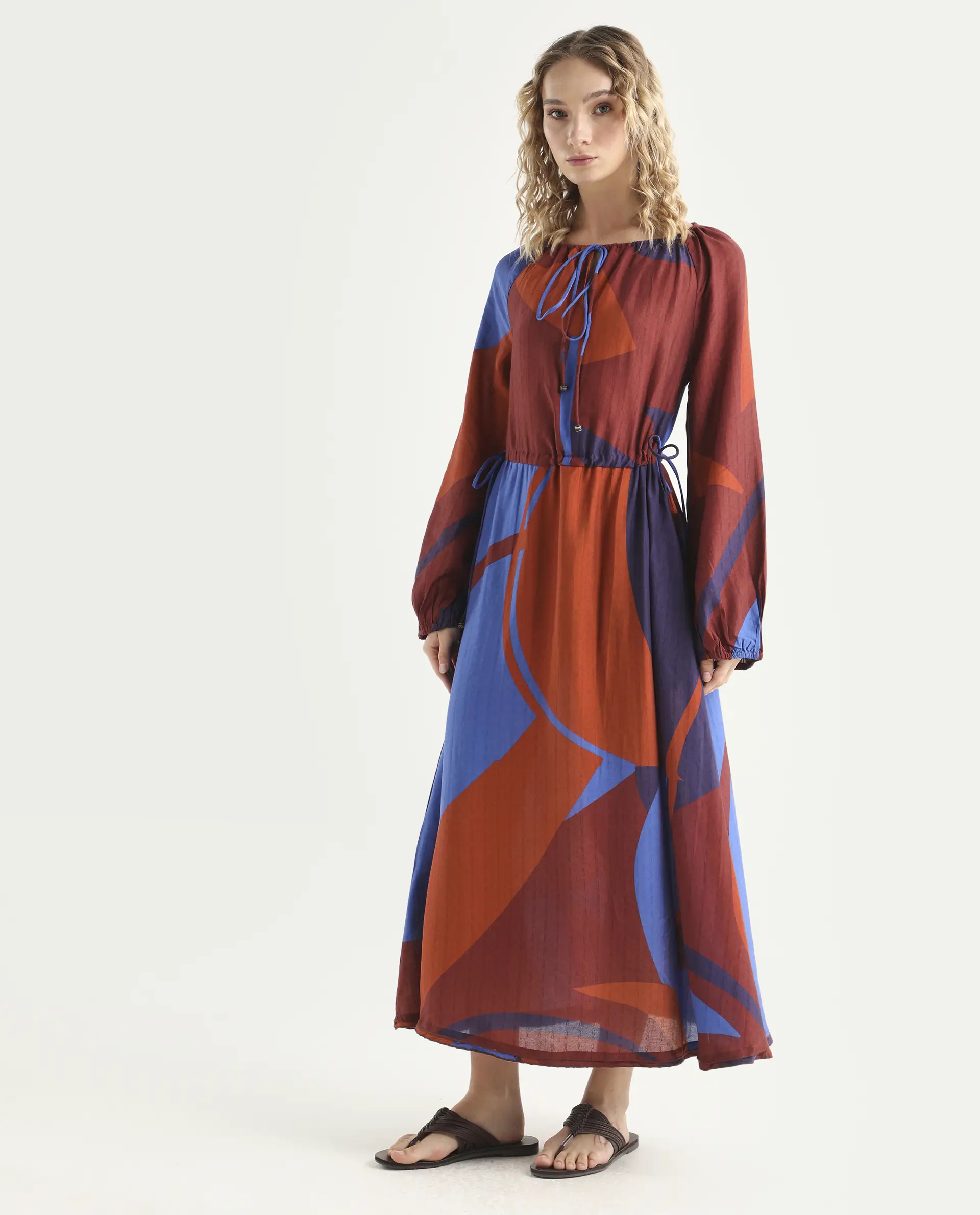Rareism Women's Telor Brown Polyester Sweetheart Neck Abstract Print Balloon Sleeve Maxi Regular Fit Dress - Image 5