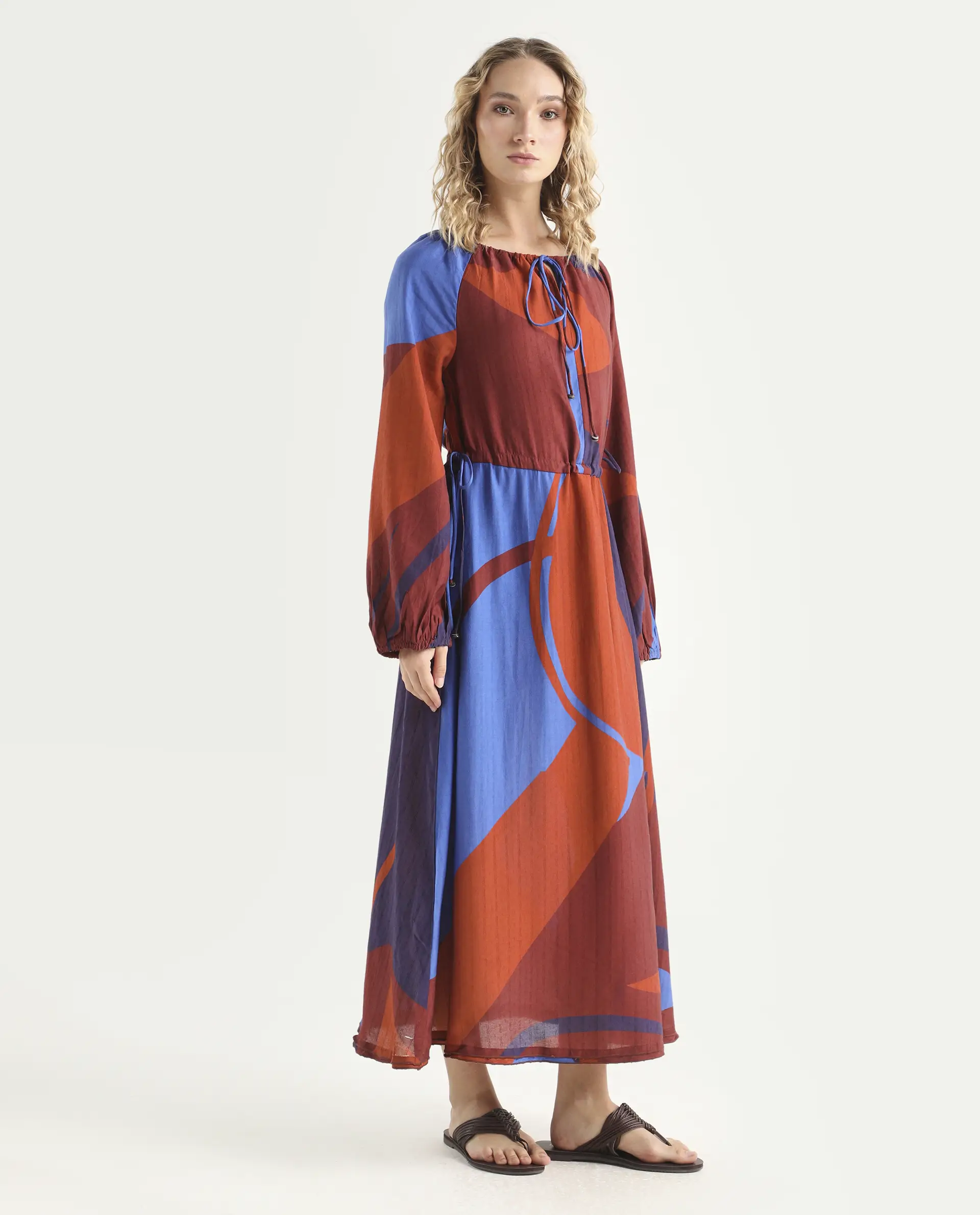 Rareism Women's Telor Brown Polyester Sweetheart Neck Abstract Print Balloon Sleeve Maxi Regular Fit Dress - Image 6