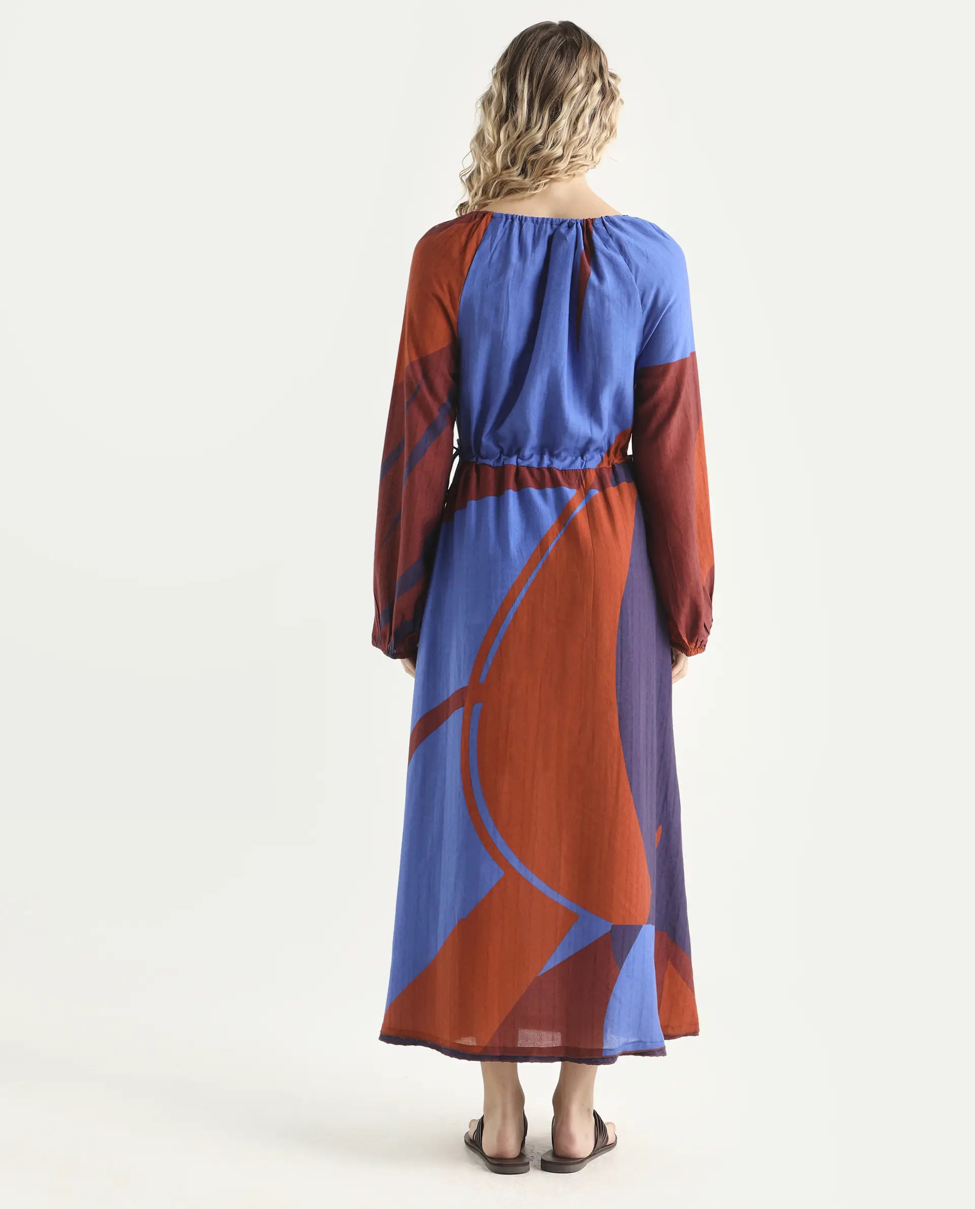 Rareism Women's Telor Brown Polyester Sweetheart Neck Abstract Print Balloon Sleeve Maxi Regular Fit Dress - Image 7
