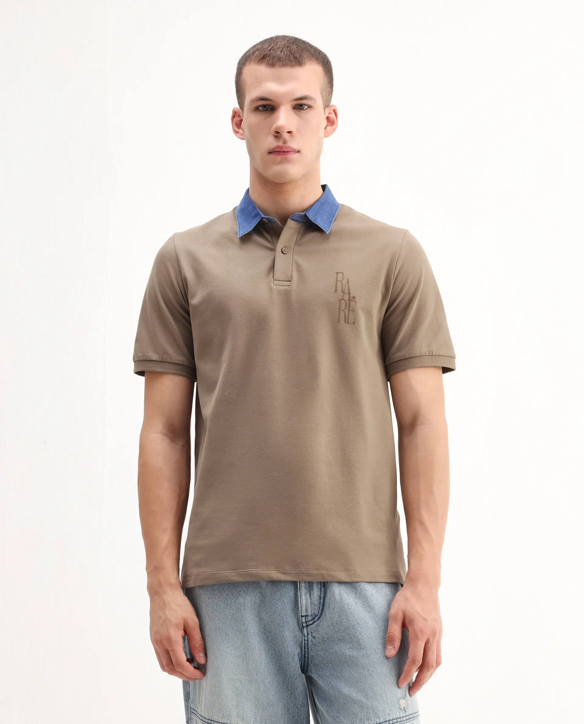 Rare Rabbit Men's Tem Beige Cotton Plain Regular Fit Half Sleeve Polo - Image 4