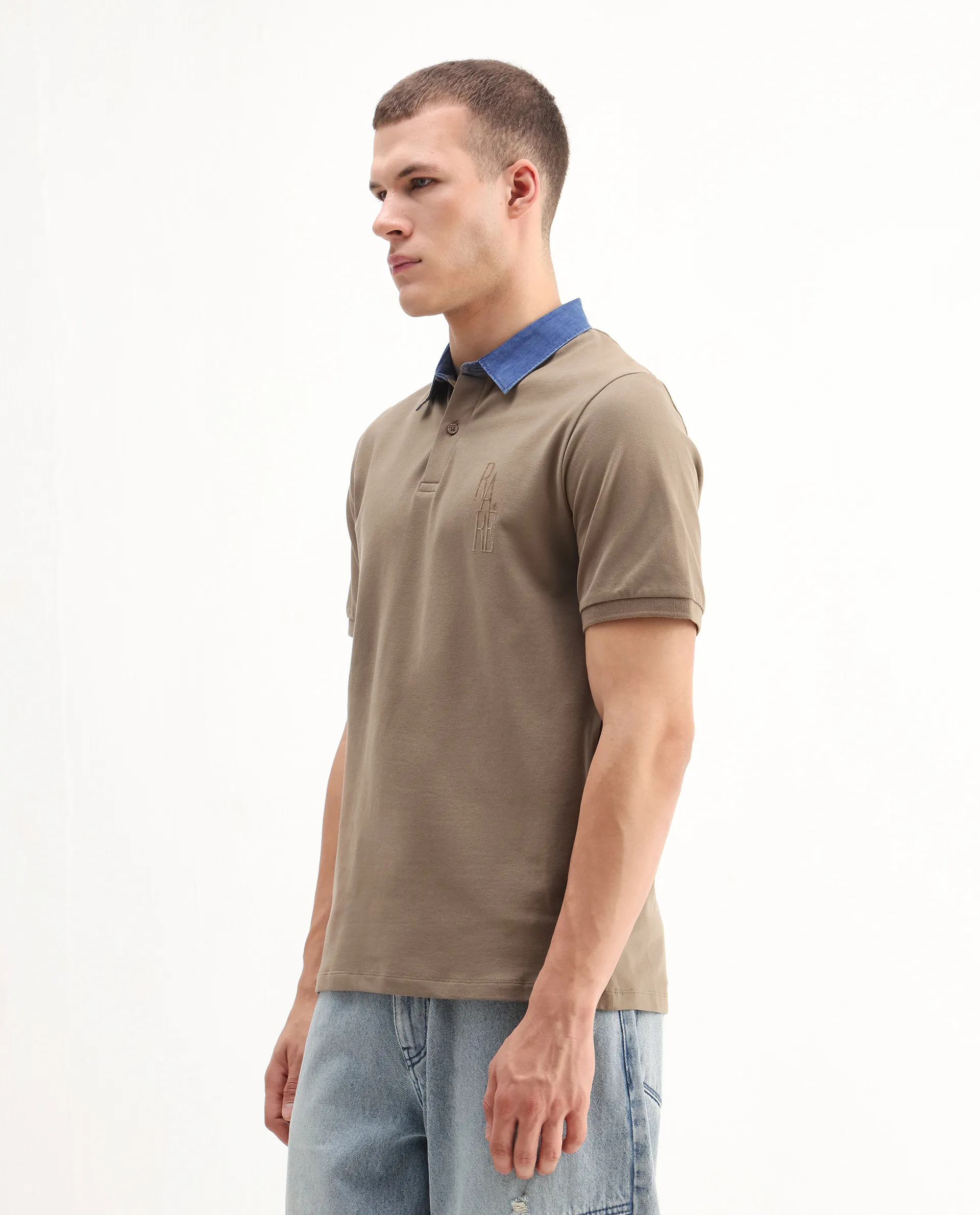 Rare Rabbit Men's Tem Beige Cotton Plain Regular Fit Half Sleeve Polo - Image 5