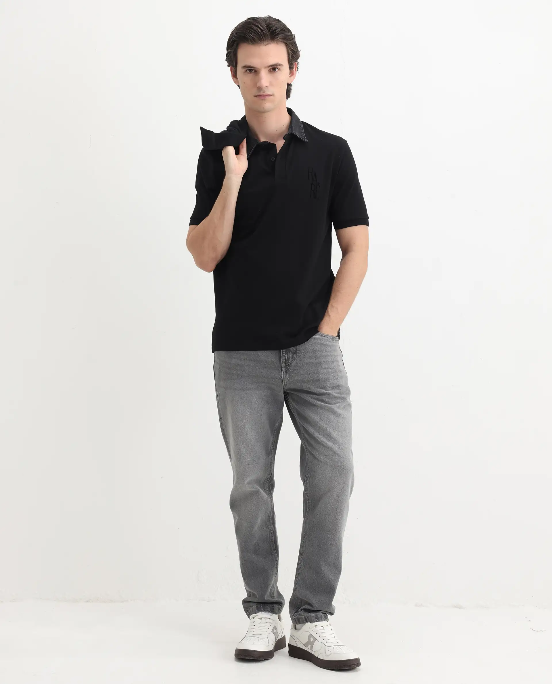 Rare Rabbit Men's Tem Black Cotton Plain Regular Fit Half Sleeve Polo - Image 2