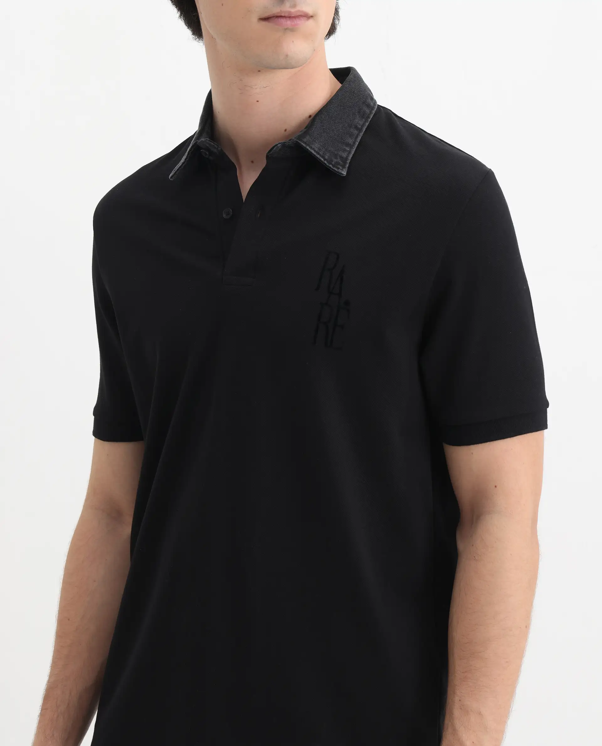 Rare Rabbit Men's Tem Black Cotton Plain Regular Fit Half Sleeve Polo - Image 3