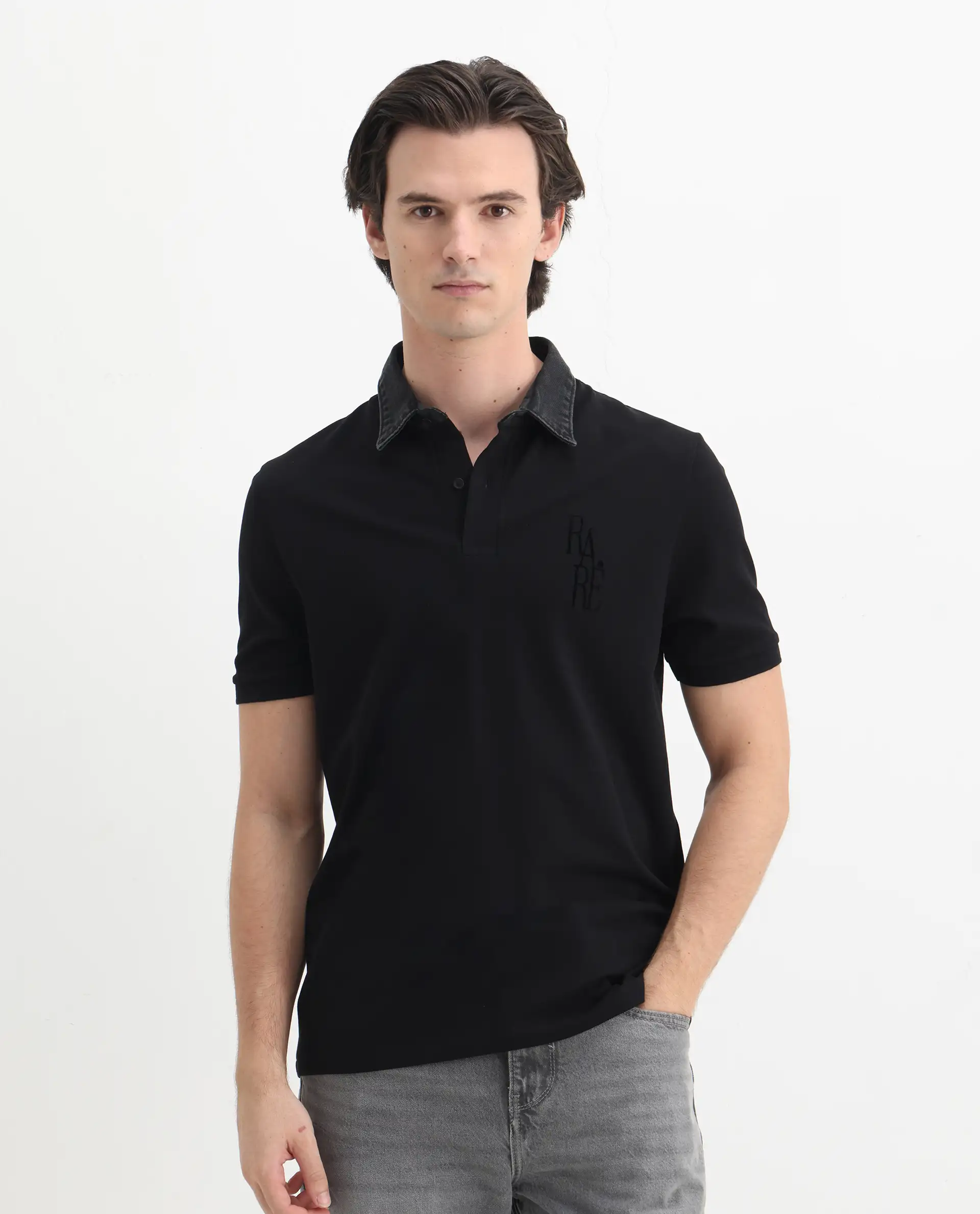 Rare Rabbit Men's Tem Black Cotton Plain Regular Fit Half Sleeve Polo - Image 4
