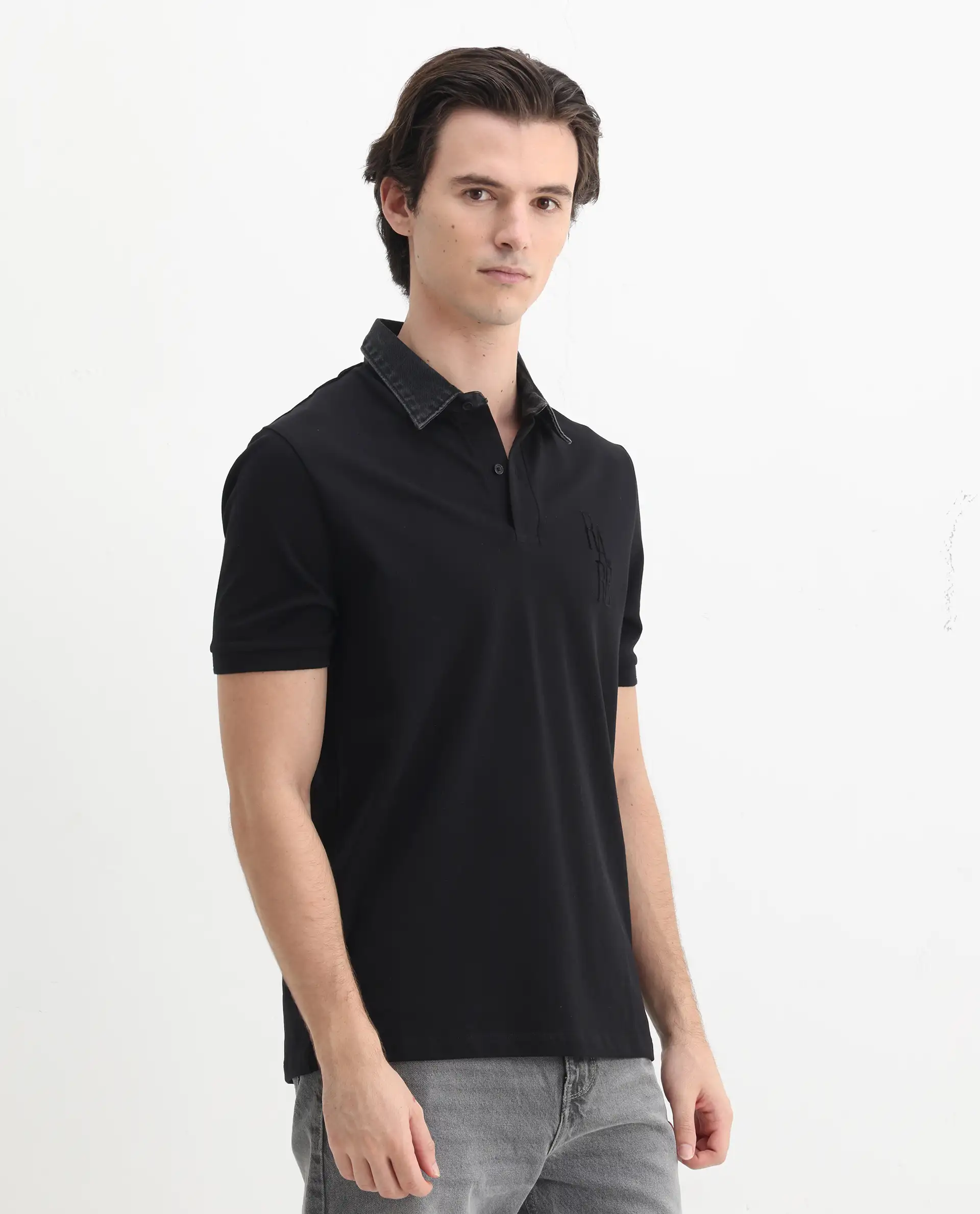 Rare Rabbit Men's Tem Black Cotton Plain Regular Fit Half Sleeve Polo - Image 6