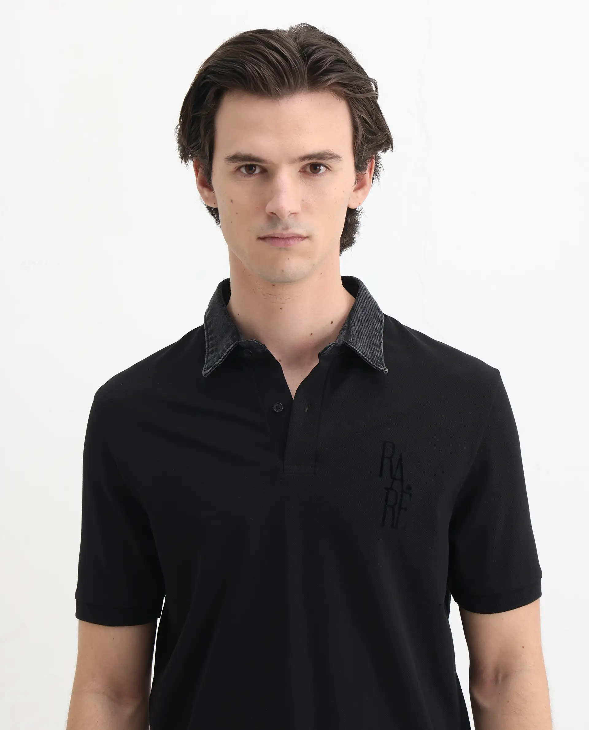 Rare Rabbit Men's Tem Black Cotton Plain Regular Fit Half Sleeve Polo - Image 7