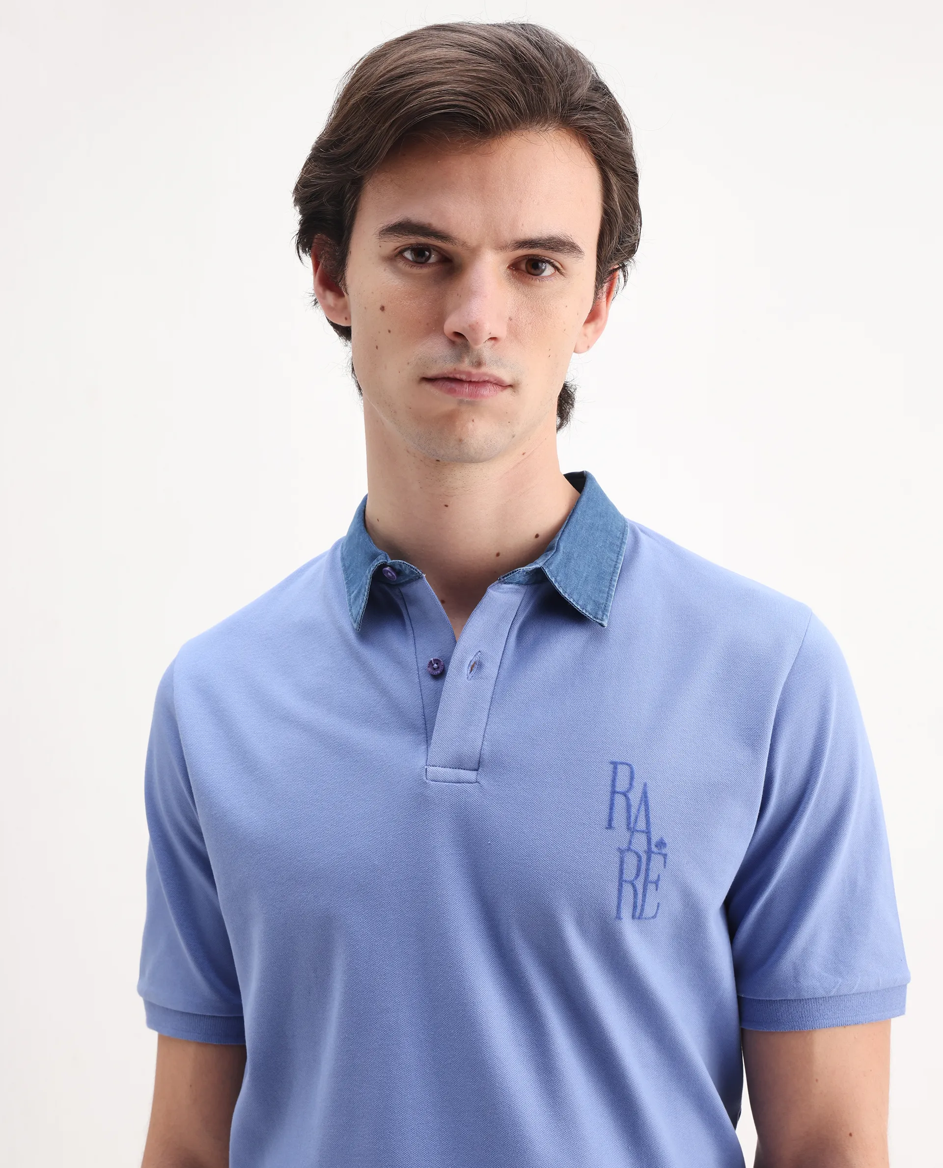 Rare Rabbit Men's Tem Blue Cotton Plain Regular Fit Half Sleeve Polo