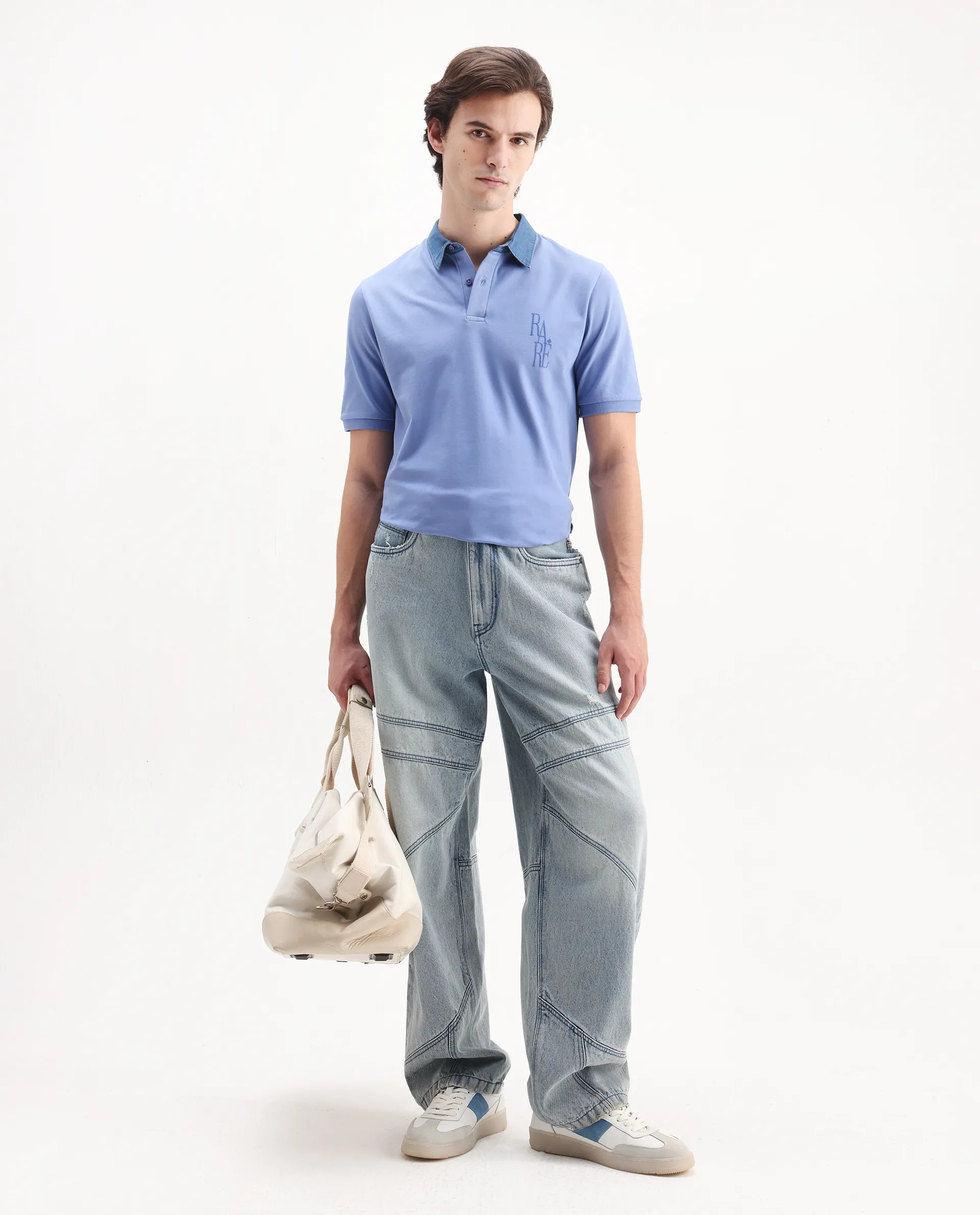 Rare Rabbit Men's Tem Blue Cotton Plain Regular Fit Half Sleeve Polo - Image 2