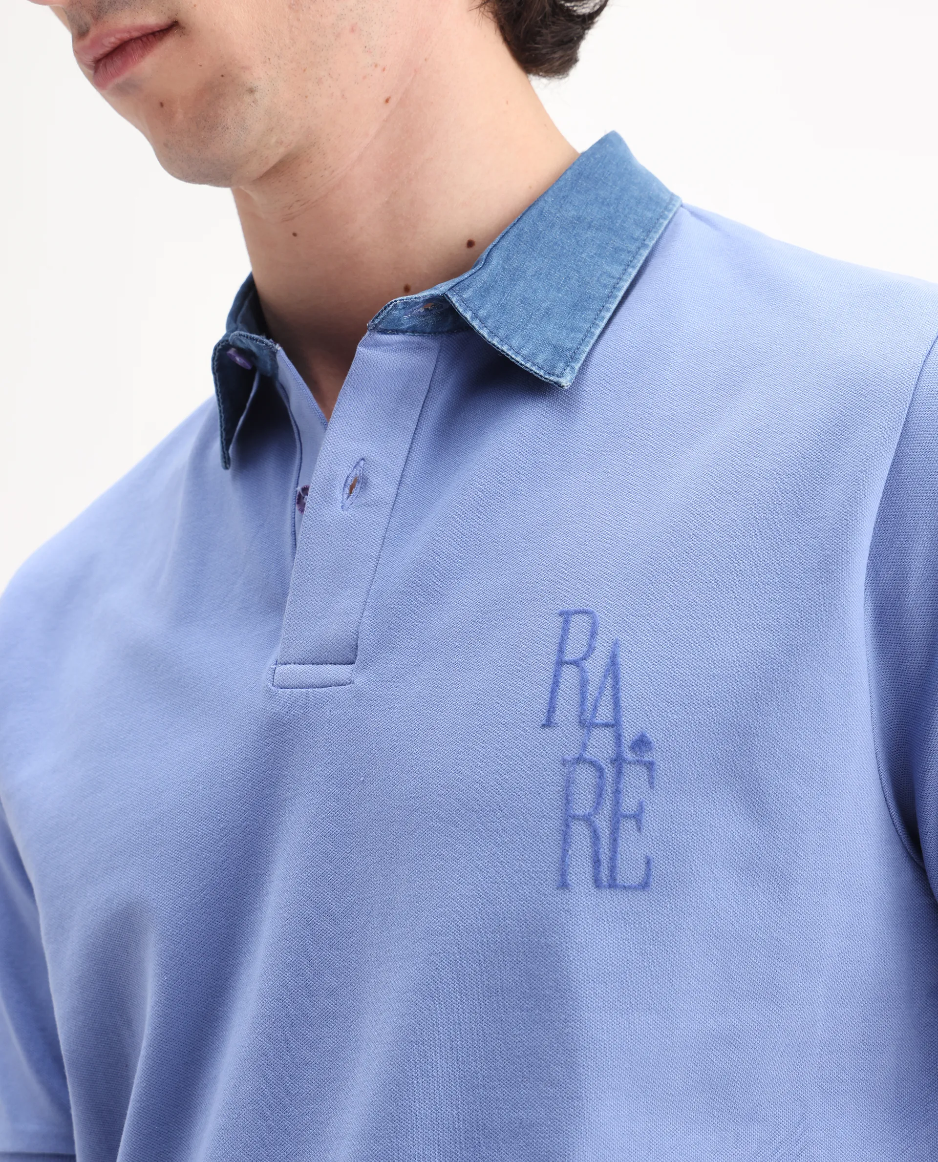 Rare Rabbit Men's Tem Blue Cotton Plain Regular Fit Half Sleeve Polo - Image 3