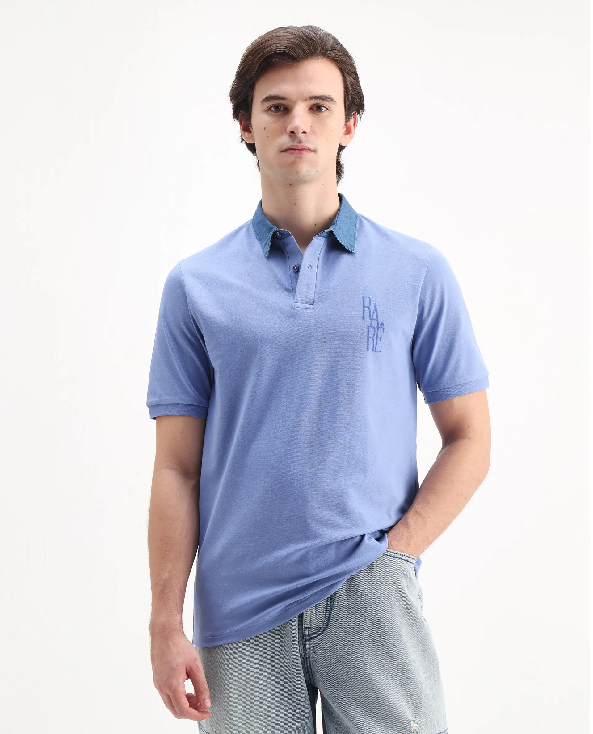 Rare Rabbit Men's Tem Blue Cotton Plain Regular Fit Half Sleeve Polo - Image 4