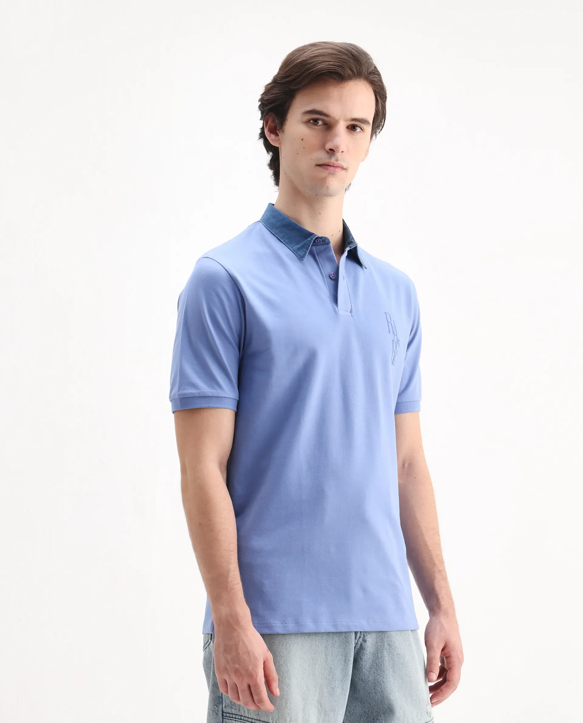 Rare Rabbit Men's Tem Blue Cotton Plain Regular Fit Half Sleeve Polo - Image 5