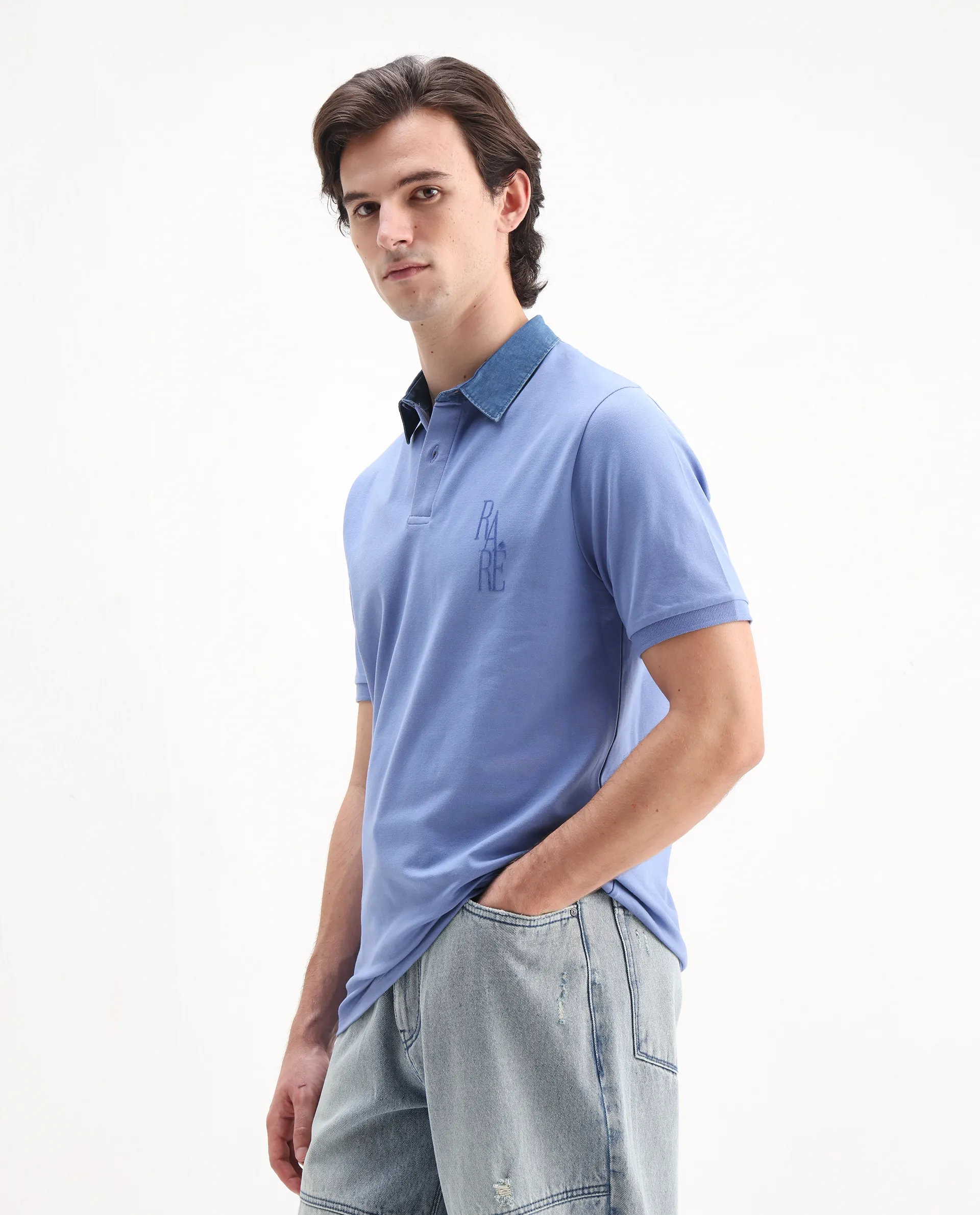 Rare Rabbit Men's Tem Blue Cotton Plain Regular Fit Half Sleeve Polo - Image 6