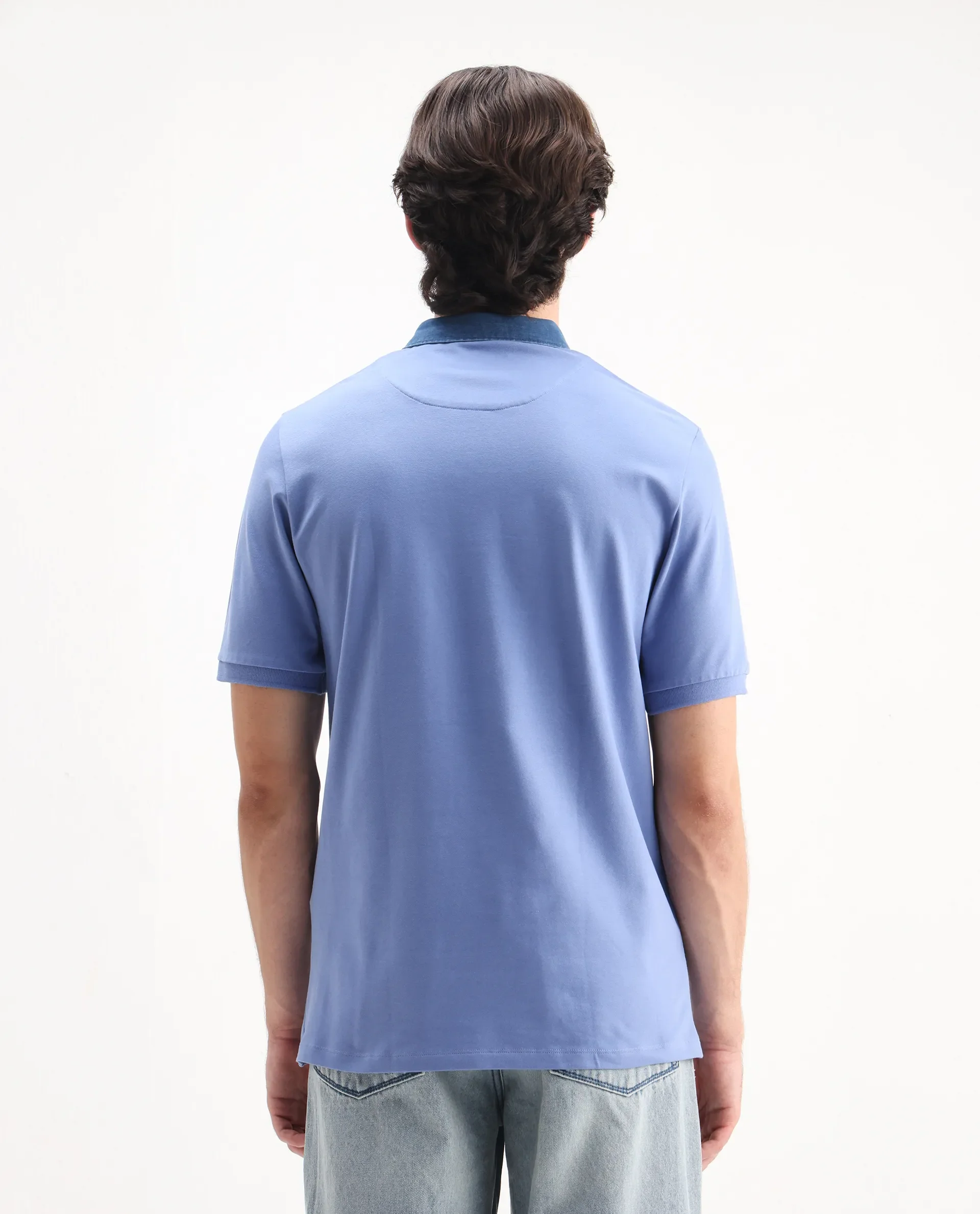 Rare Rabbit Men's Tem Blue Cotton Plain Regular Fit Half Sleeve Polo - Image 7