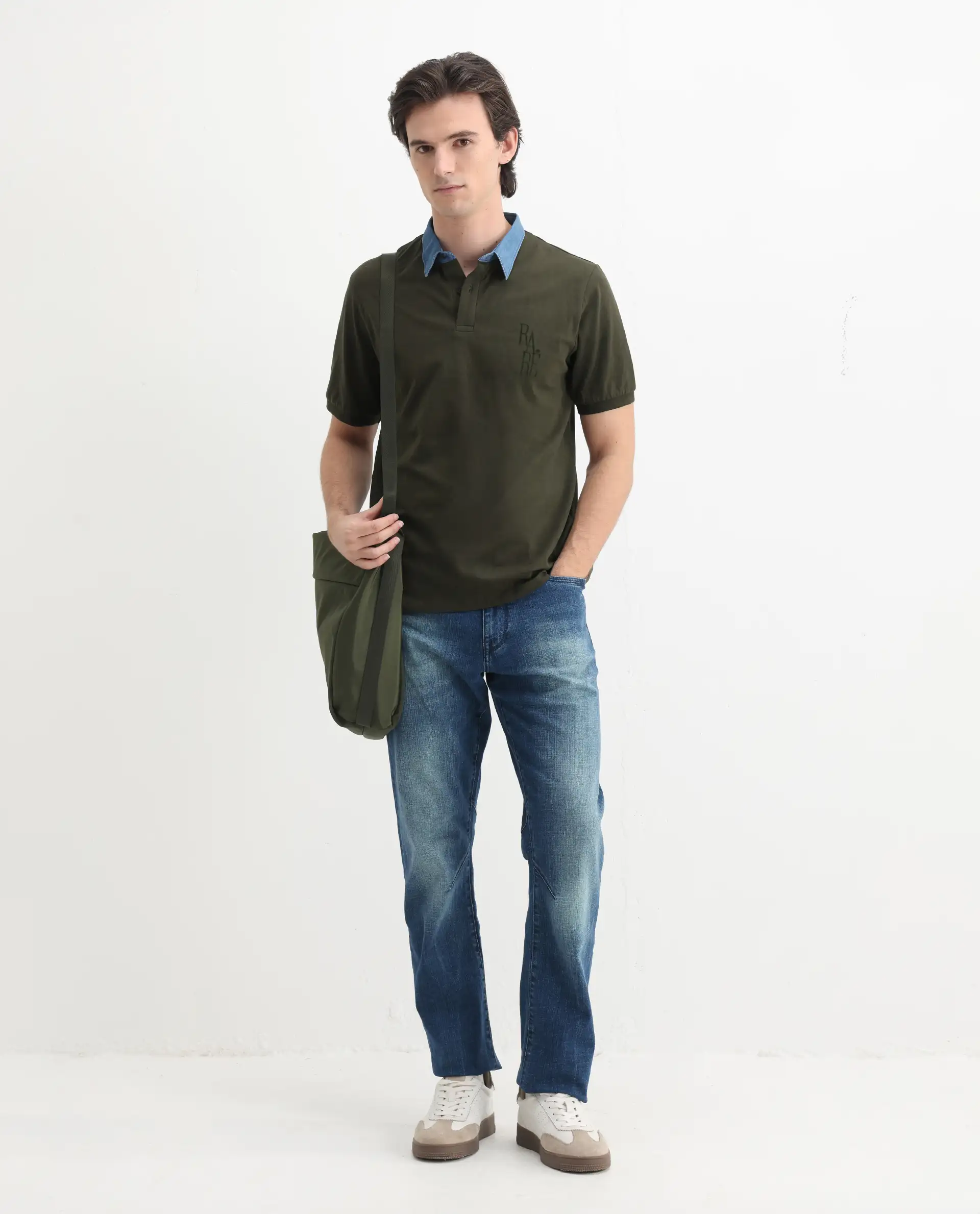Rare Rabbit Men's Tem Dark Olive Cotton Plain Regular Fit Half Sleeve Polo - Image 2