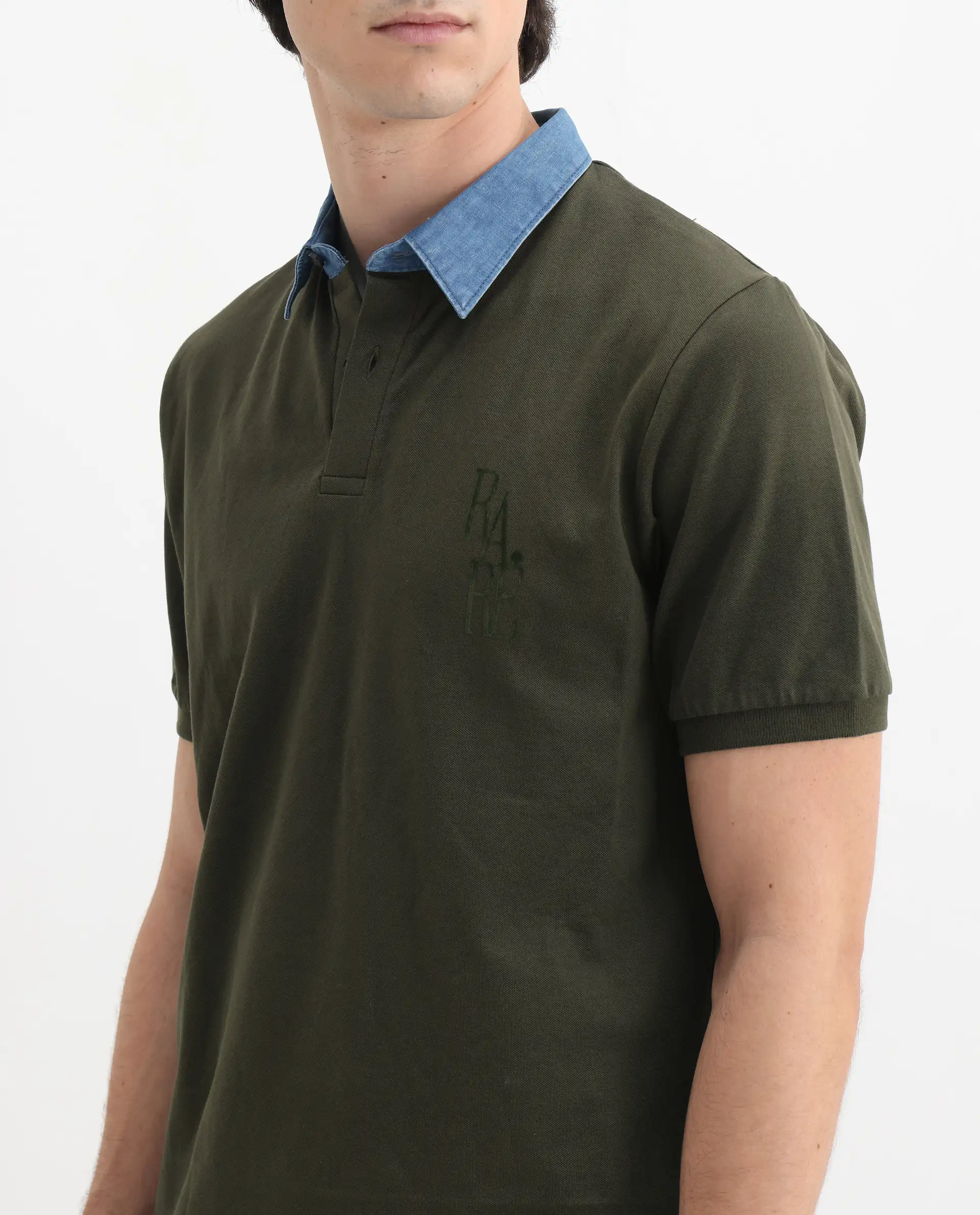 Rare Rabbit Men's Tem Dark Olive Cotton Plain Regular Fit Half Sleeve Polo - Image 3
