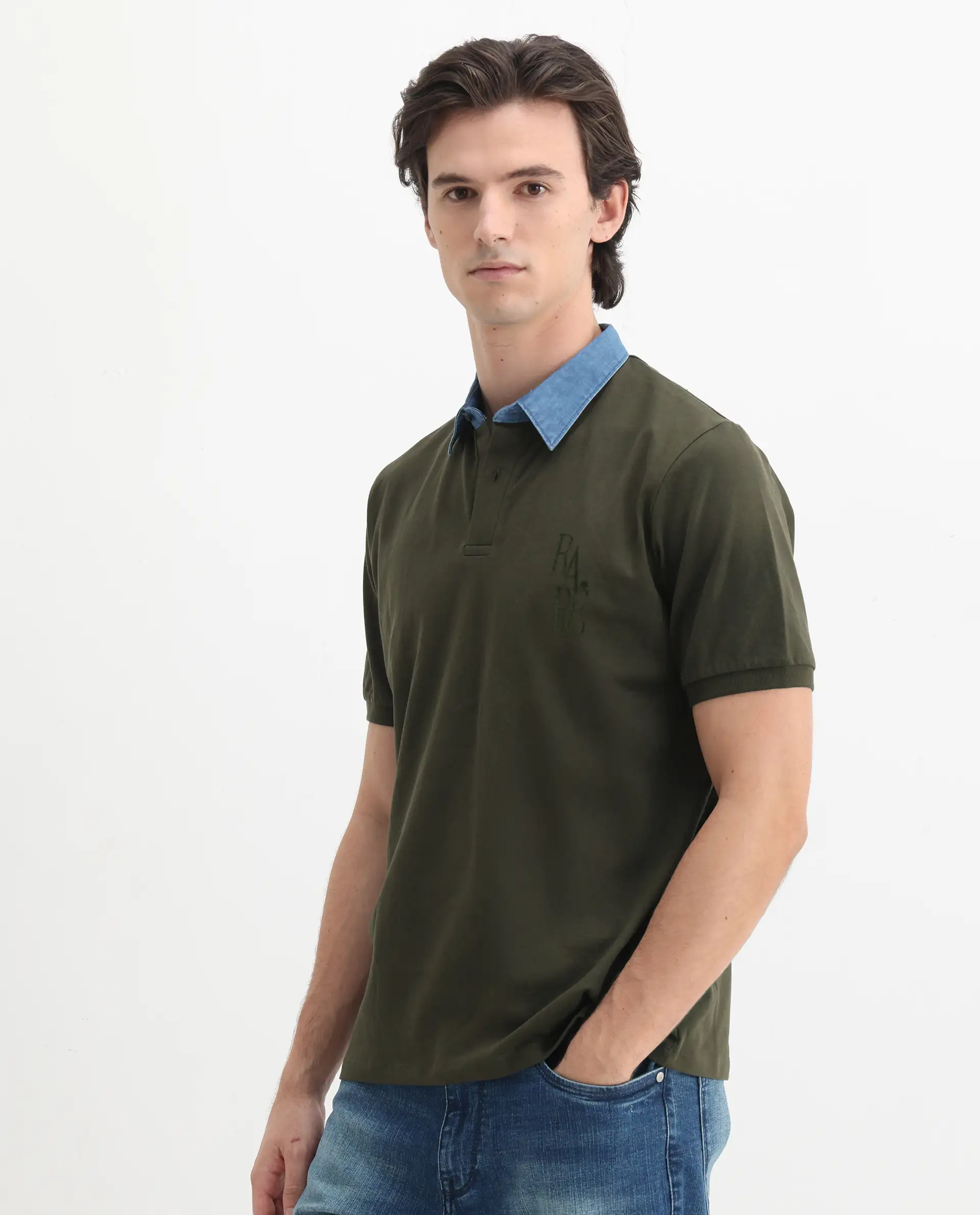 Rare Rabbit Men's Tem Dark Olive Cotton Plain Regular Fit Half Sleeve Polo - Image 5