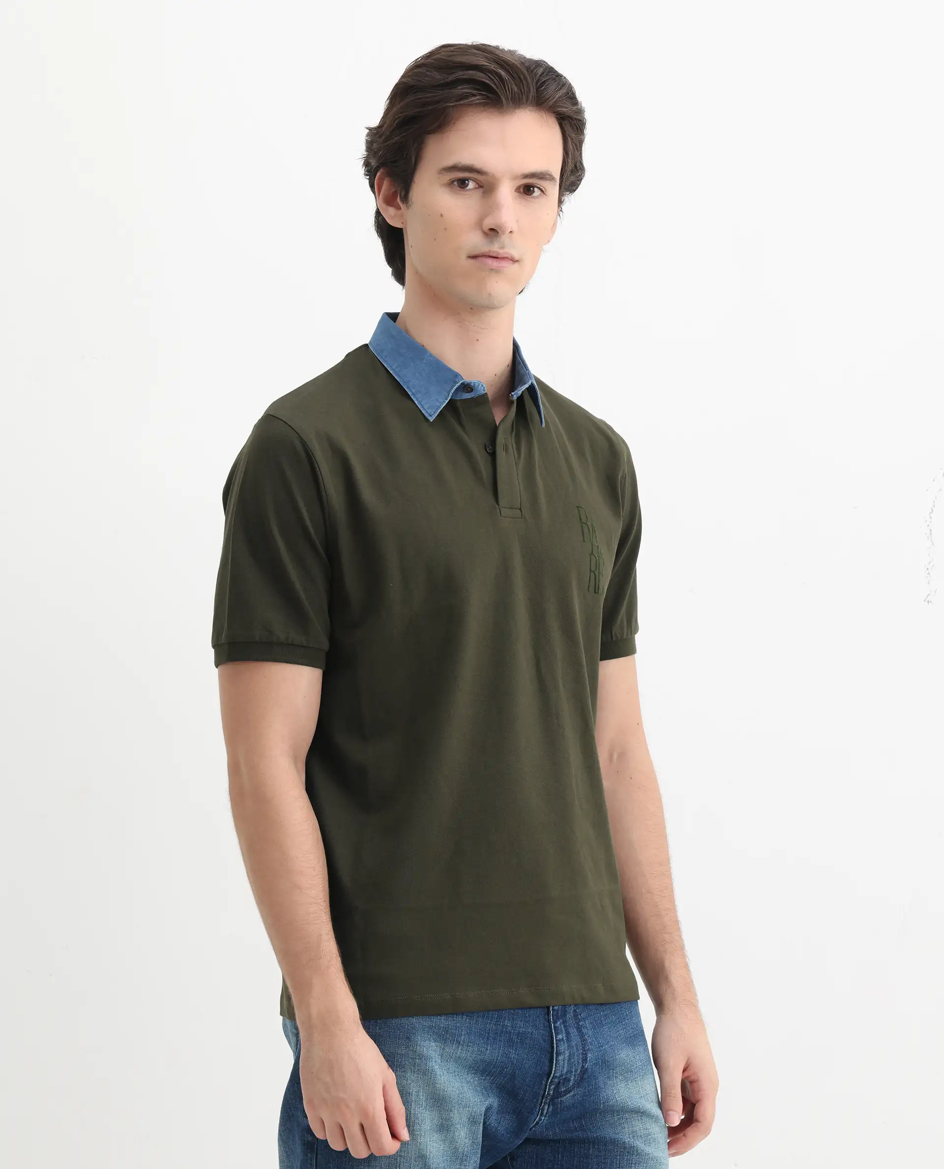 Rare Rabbit Men's Tem Dark Olive Cotton Plain Regular Fit Half Sleeve Polo - Image 6