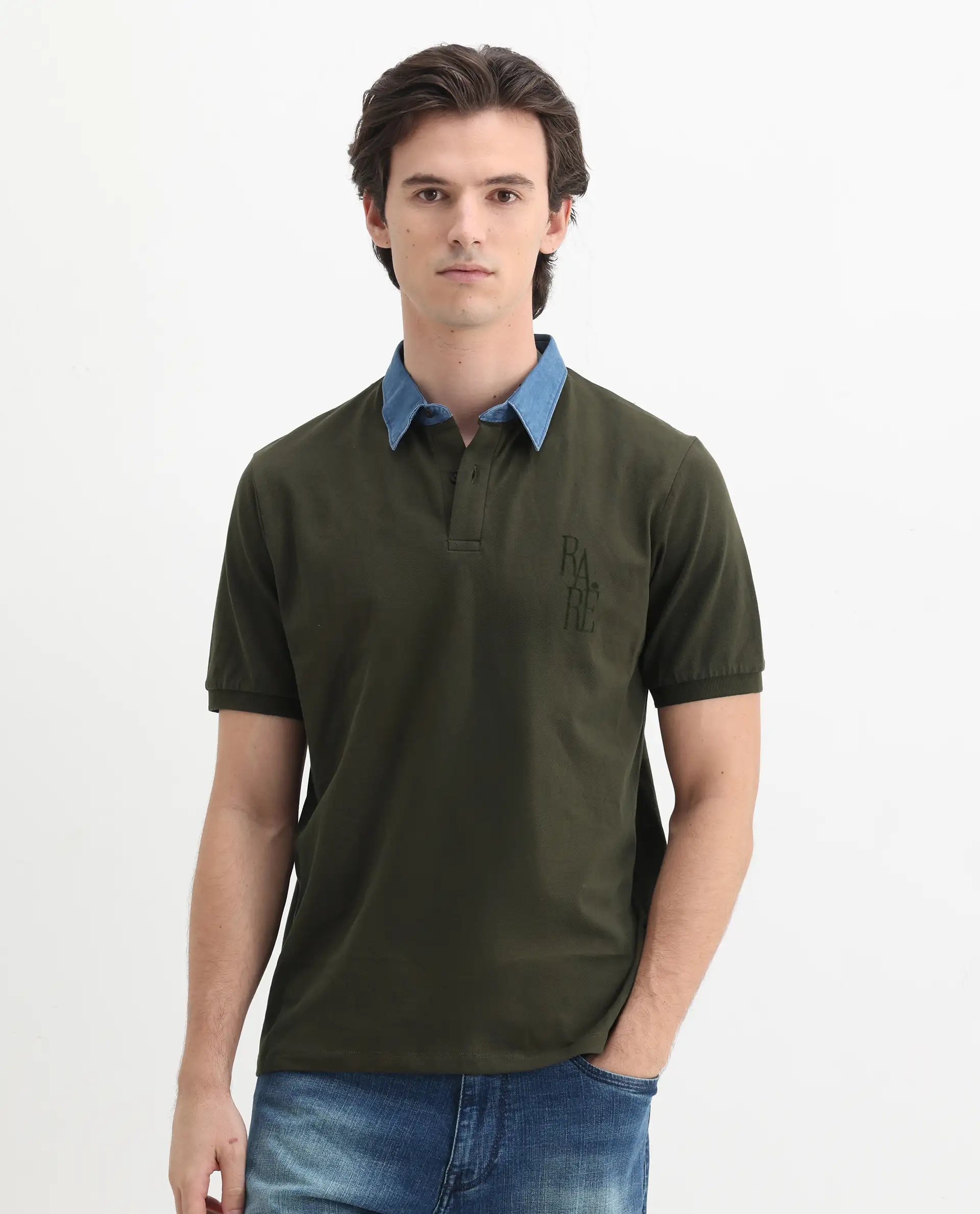 Rare Rabbit Men's Tem Dark Olive Cotton Plain Regular Fit Half Sleeve Polo - Image 7