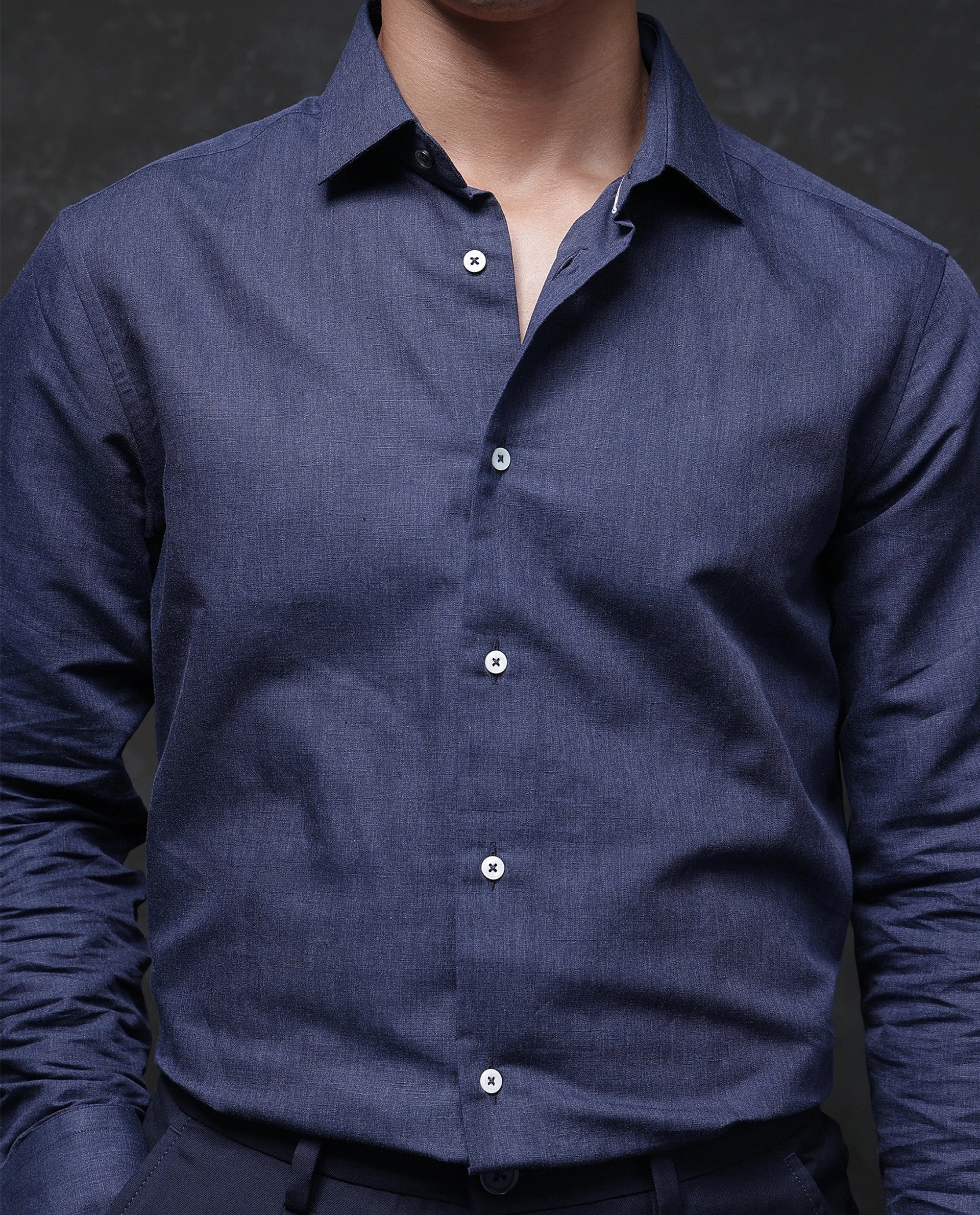 Rare Rabbit Men's Tempa Navy Cotton Plain Regular Fit Full Sleeve Collared Shirt - Image 5