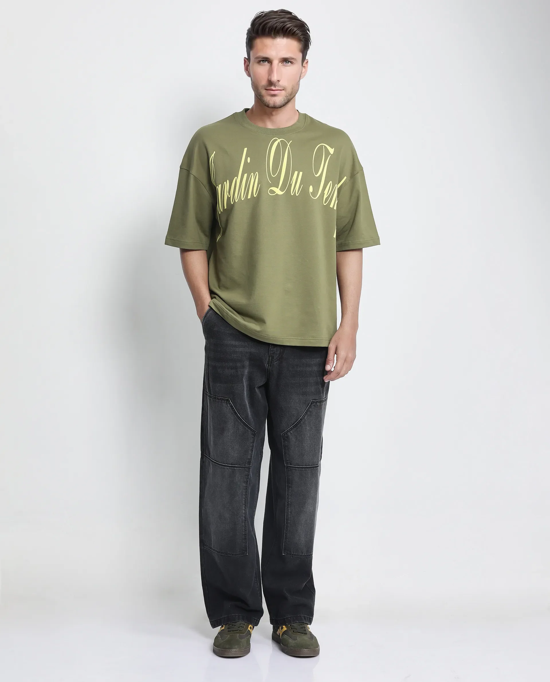 Rare Rabbit Men's Tempe Light Olive Cotton Graphic Print Oversized Fit Half Sleeve Crew Neck T-Shirt - Image 2
