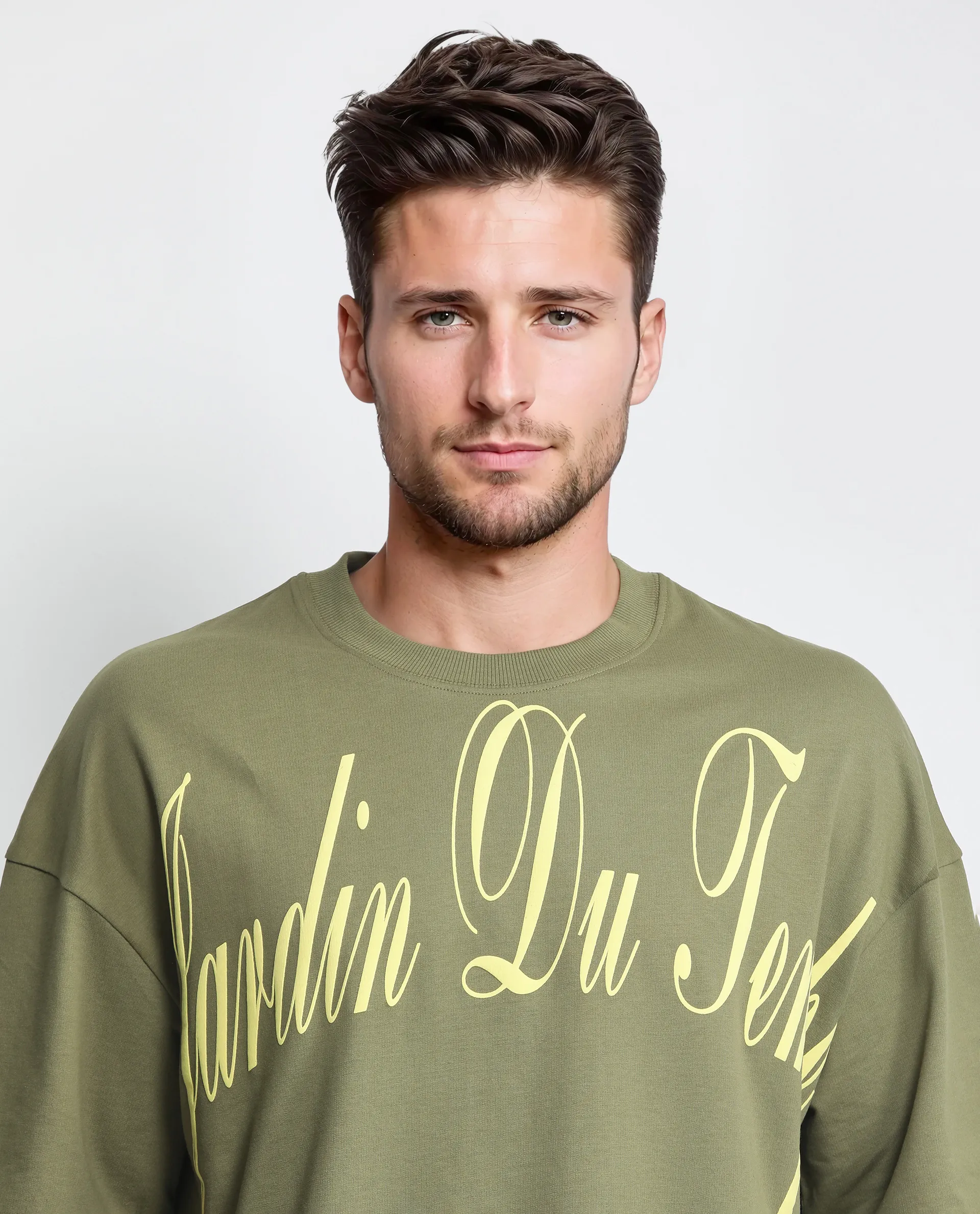 Rare Rabbit Men's Tempe Light Olive Cotton Graphic Print Oversized Fit Half Sleeve Crew Neck T-Shirt - Image 3