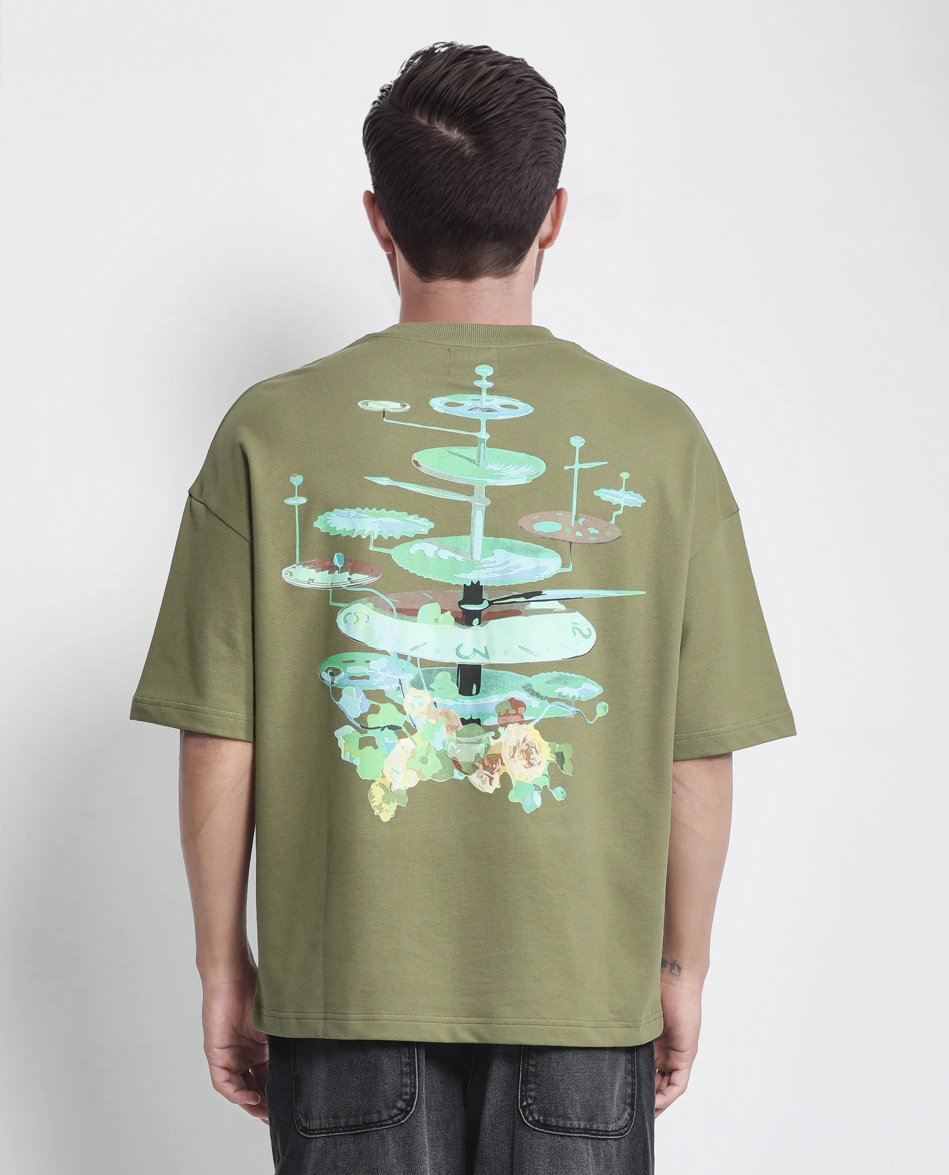 Rare Rabbit Men's Tempe Light Olive Cotton Graphic Print Oversized Fit Half Sleeve Crew Neck T-Shirt - Image 4
