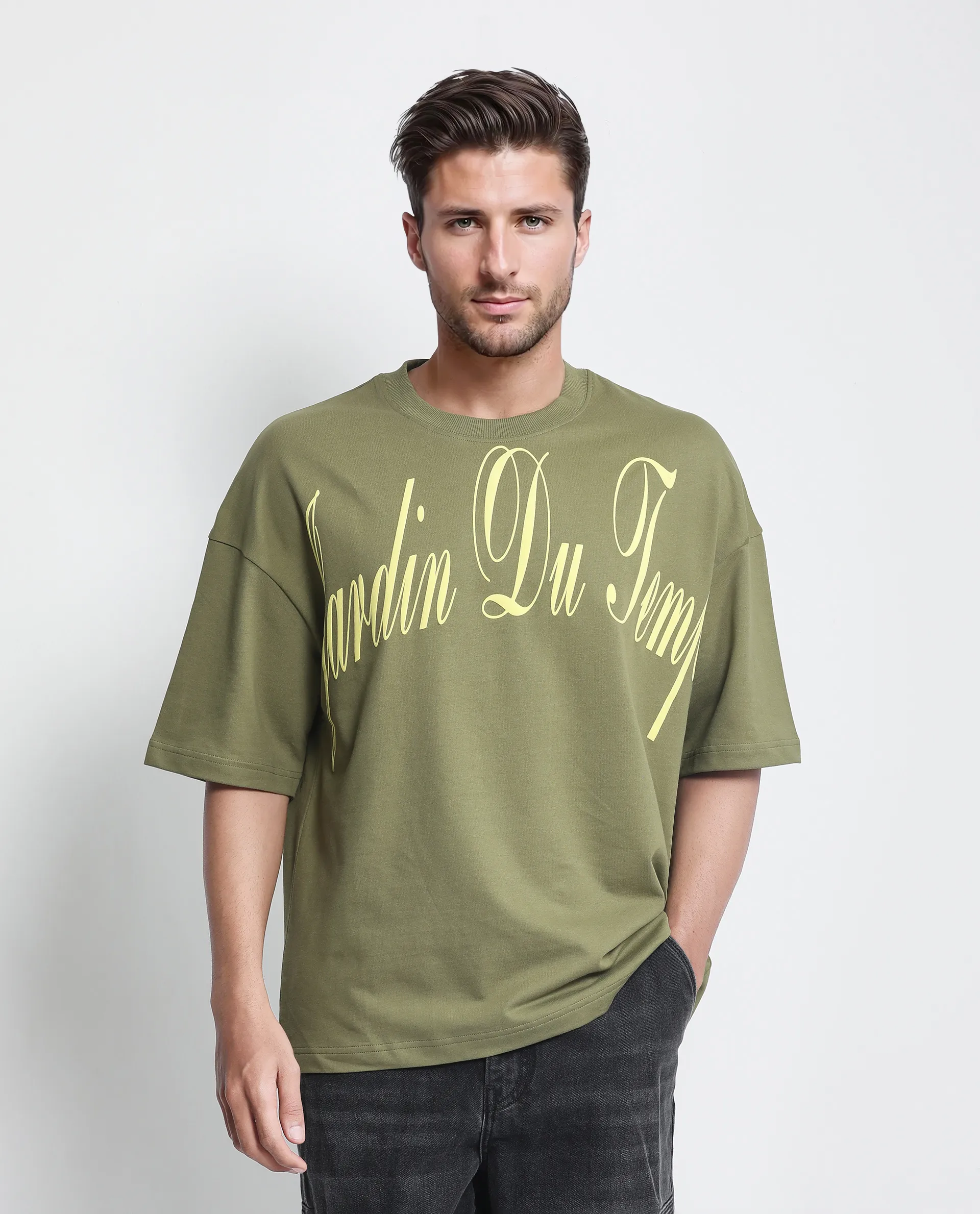 Rare Rabbit Men's Tempe Light Olive Cotton Graphic Print Oversized Fit Half Sleeve Crew Neck T-Shirt - Image 5