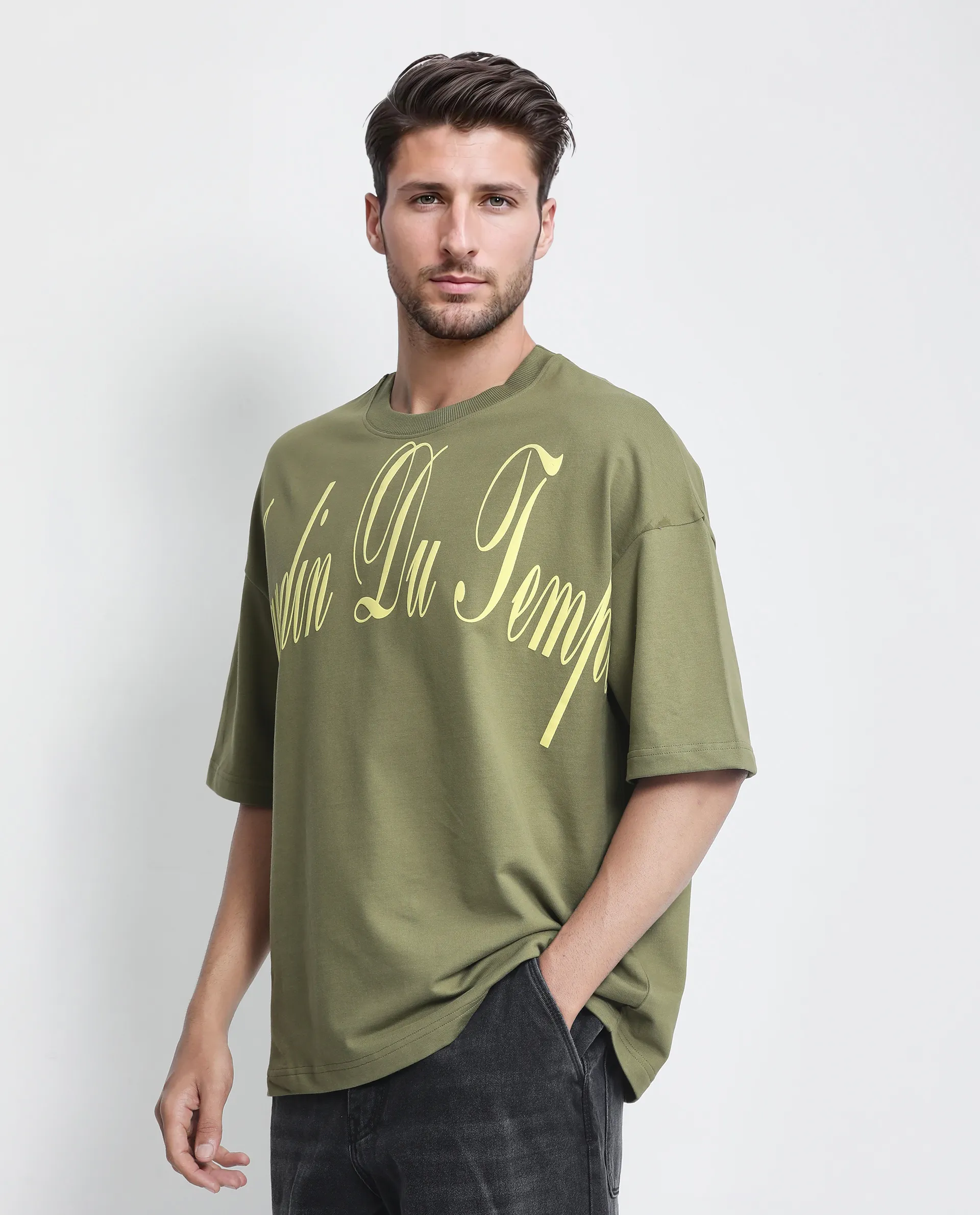 Rare Rabbit Men's Tempe Light Olive Cotton Graphic Print Oversized Fit Half Sleeve Crew Neck T-Shirt - Image 6