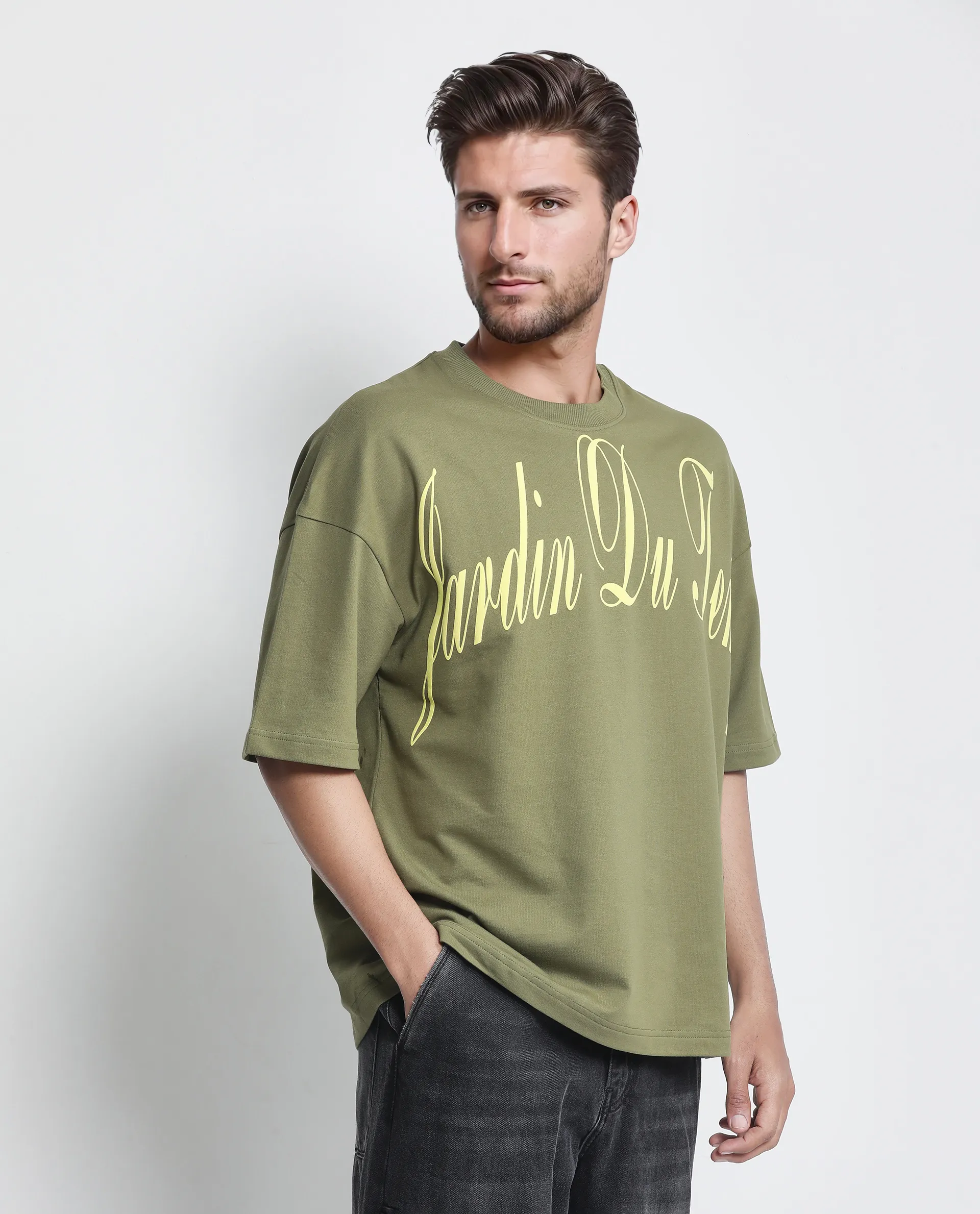 Rare Rabbit Men's Tempe Light Olive Cotton Graphic Print Oversized Fit Half Sleeve Crew Neck T-Shirt - Image 7
