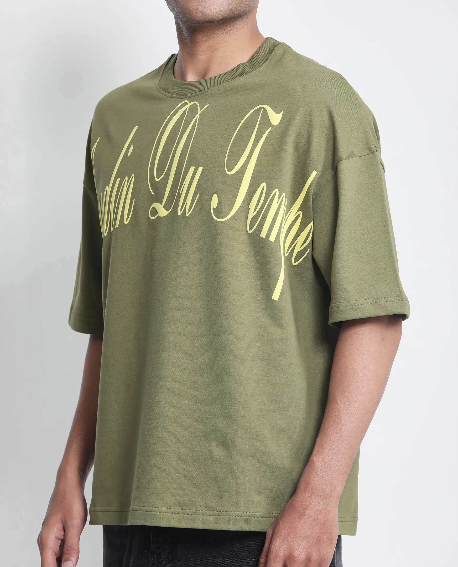 Rare Rabbit Men's Tempe Light Olive Cotton Graphic Print Oversized Fit Half Sleeve Crew Neck T-Shirt - Image 8