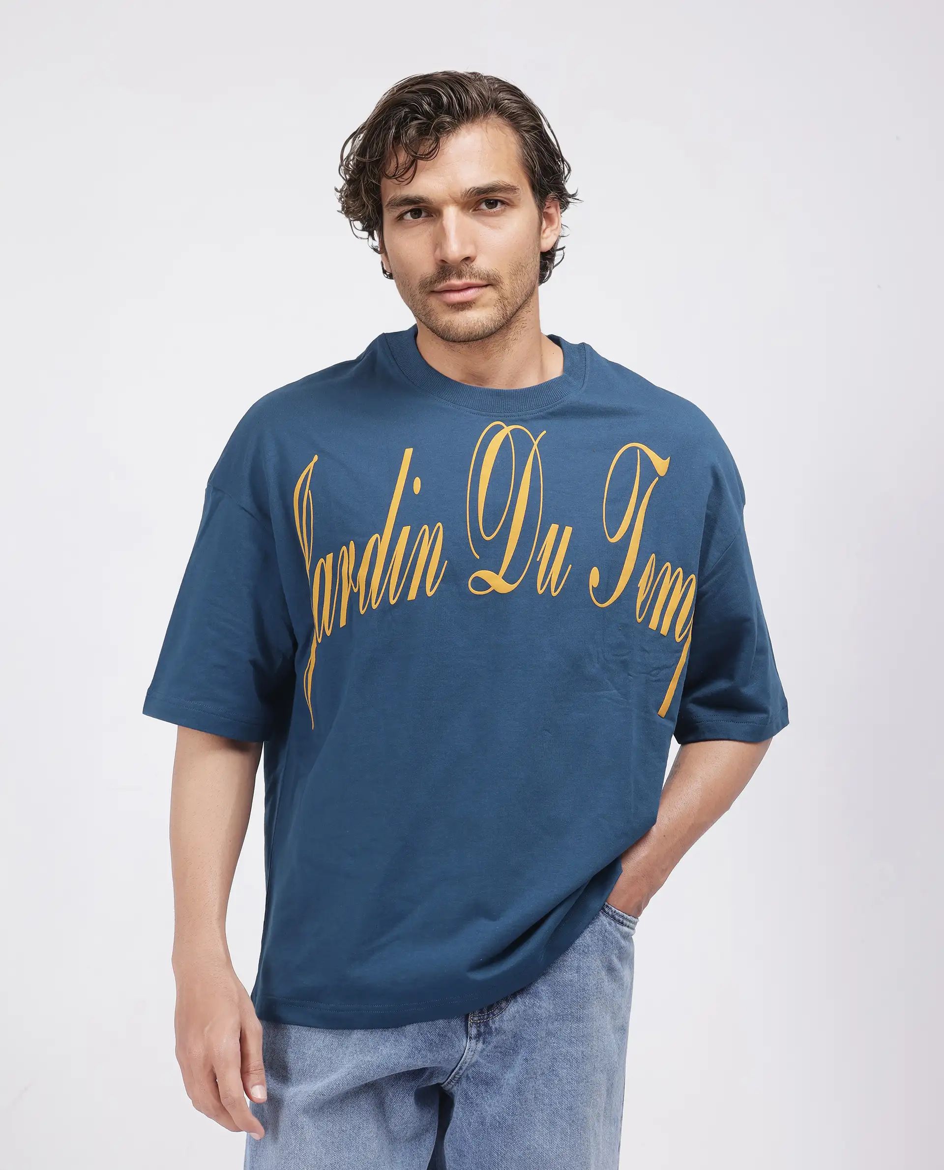 Rare Rabbit Men's Tempe Petrol Cotton Graphic Print Oversized Fit Half Sleeve Crew Neck T-Shirt - Image 2