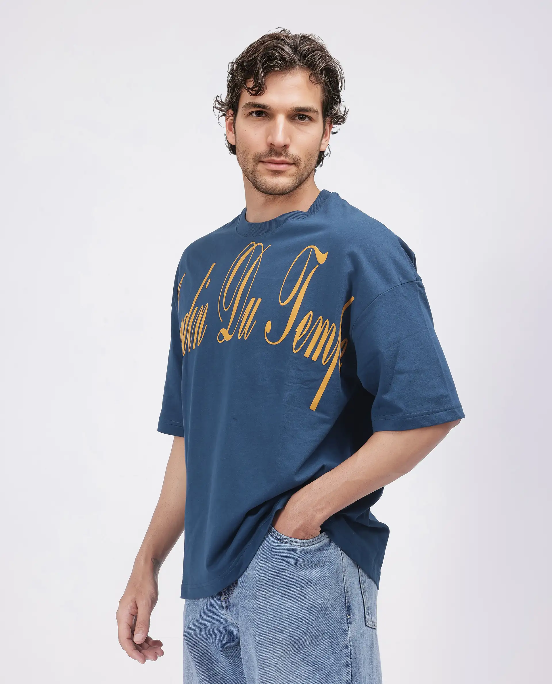 Rare Rabbit Men's Tempe Petrol Cotton Graphic Print Oversized Fit Half Sleeve Crew Neck T-Shirt - Image 3