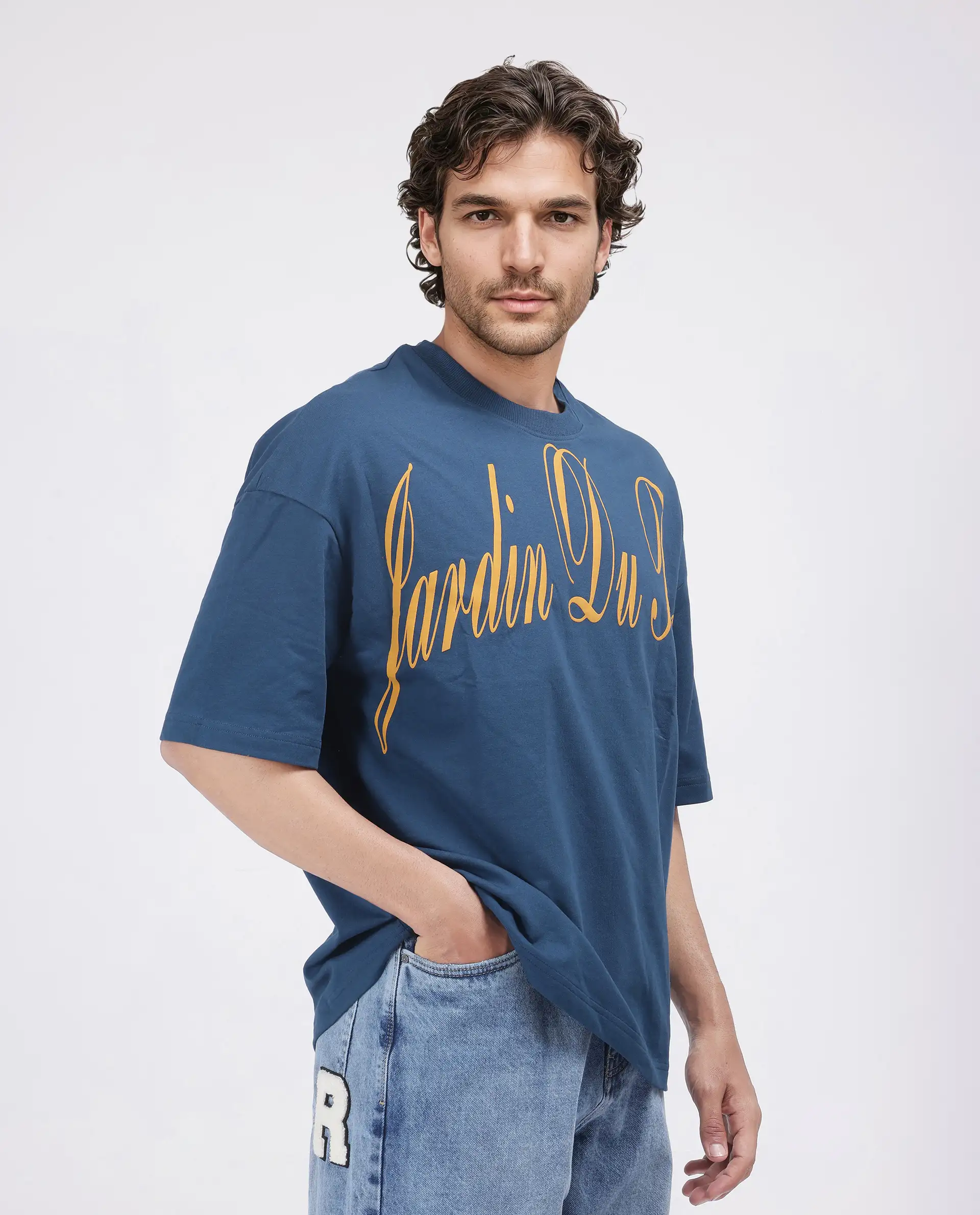 Rare Rabbit Men's Tempe Petrol Cotton Graphic Print Oversized Fit Half Sleeve Crew Neck T-Shirt - Image 4