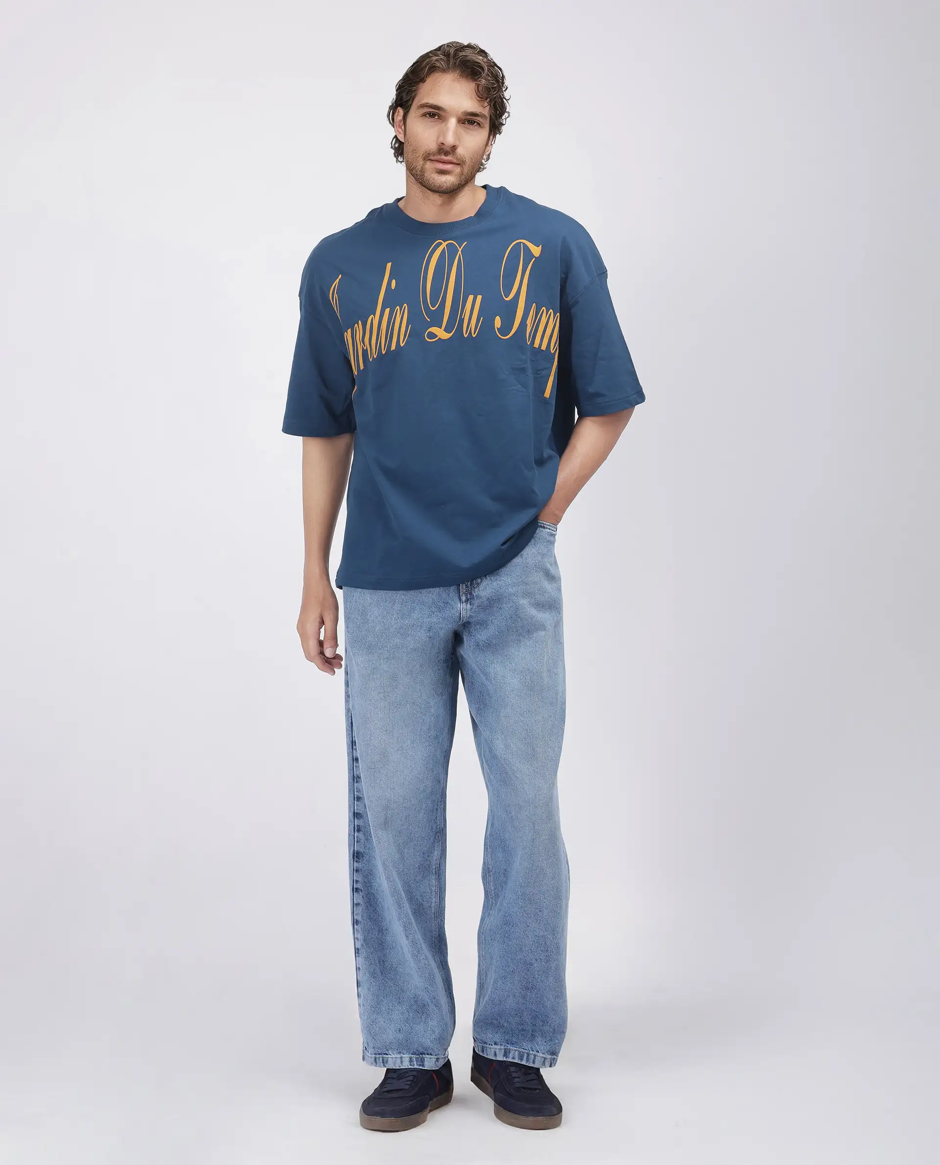 Rare Rabbit Men's Tempe Petrol Cotton Graphic Print Oversized Fit Half Sleeve Crew Neck T-Shirt - Image 7