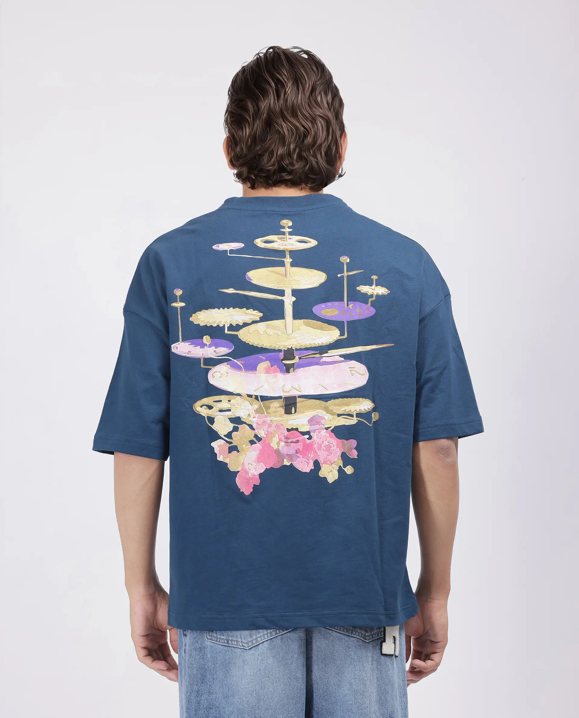 Rare Rabbit Men's Tempe Petrol Cotton Graphic Print Oversized Fit Half Sleeve Crew Neck T-Shirt - Image 8