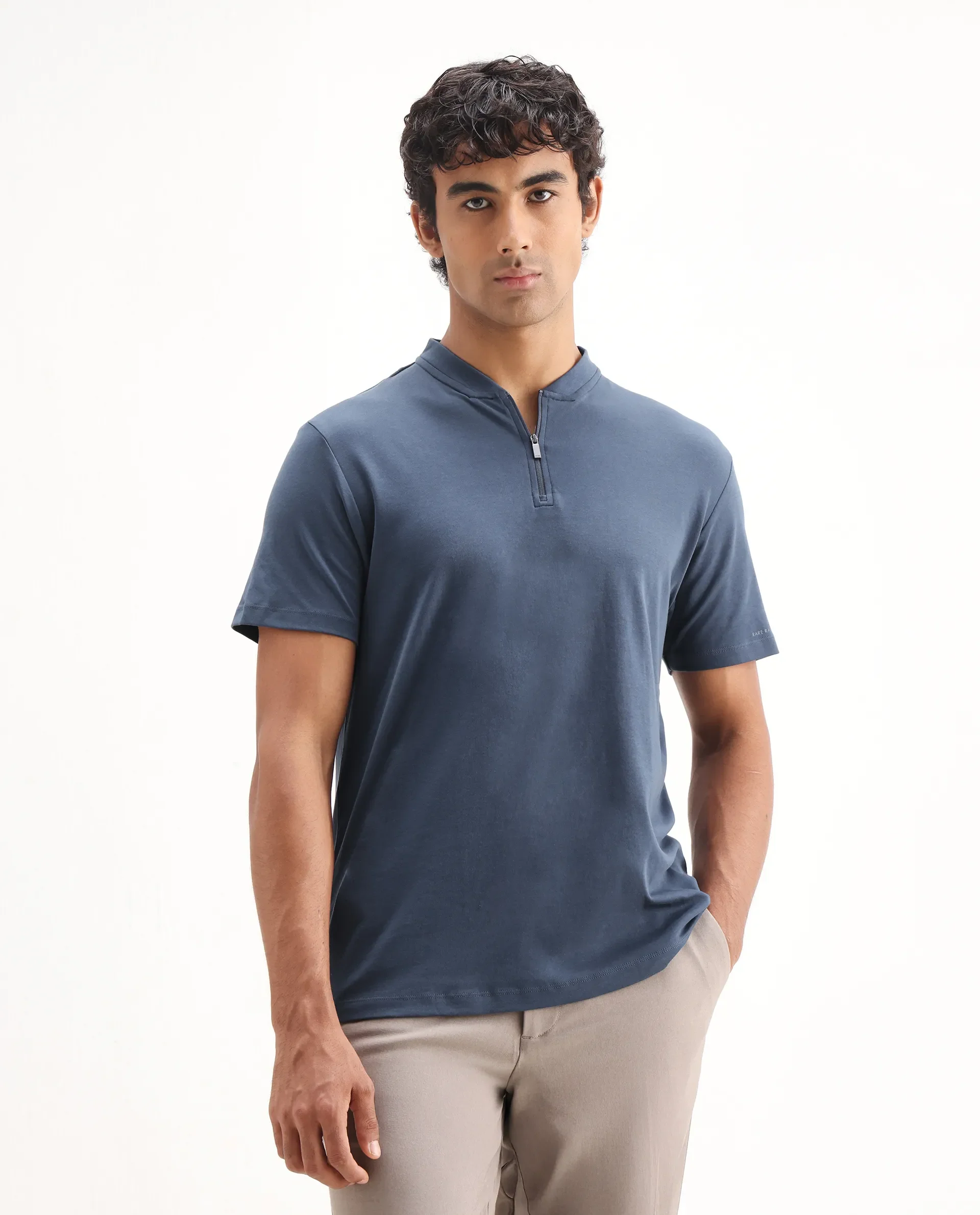 Rare Rabbit Men's Temper Dark Blue Cotton Plain Regular Fit Half Sleeve Polo - Image 4